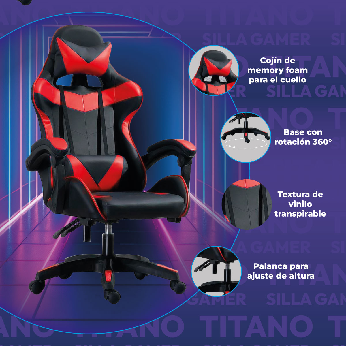 Foto 3 pulgar | Silla Gamer Titano TT-SGSRP color Rojo Reclinable