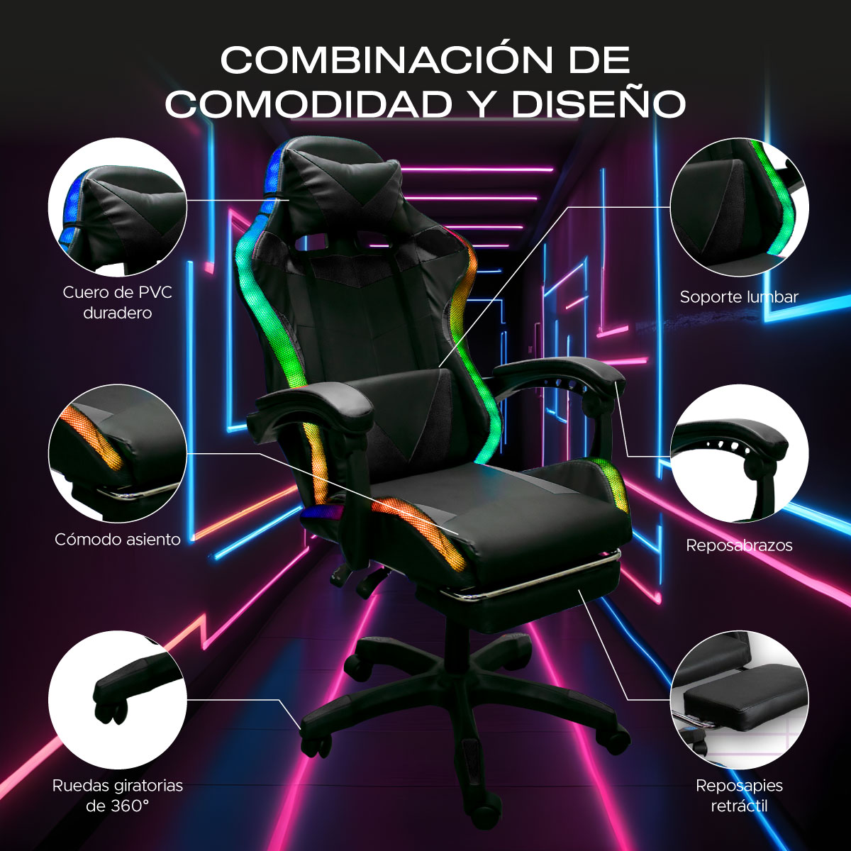 Foto 4 | Silla Gamer Titano color Negro con Reposapiés y Luz Led