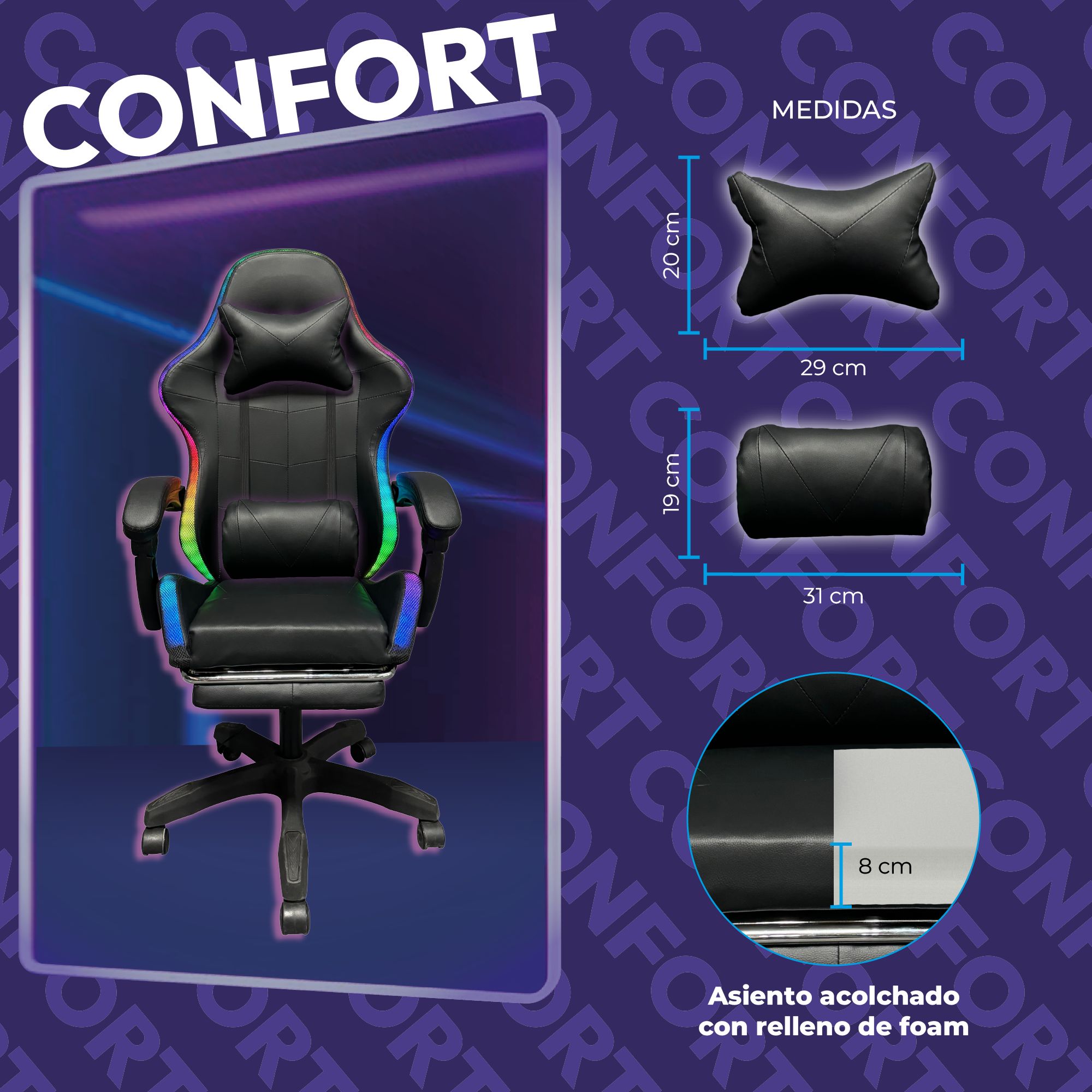 Foto 8 pulgar | Silla Gamer Titano con Reposapiés y Luz Led Negra