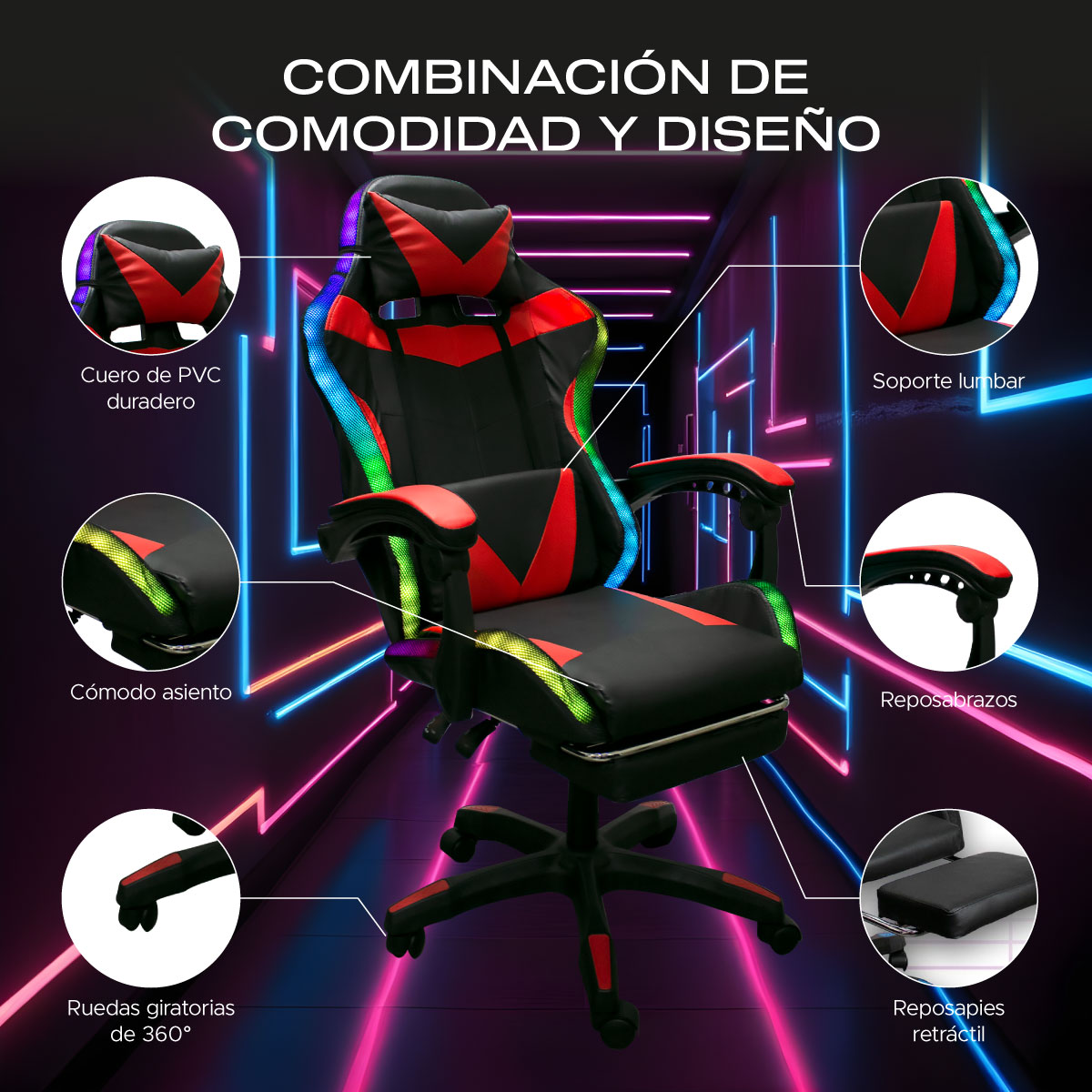 Foto 5 pulgar | Silla Gaming Titano con Reposapies y Luz Led color Rojo