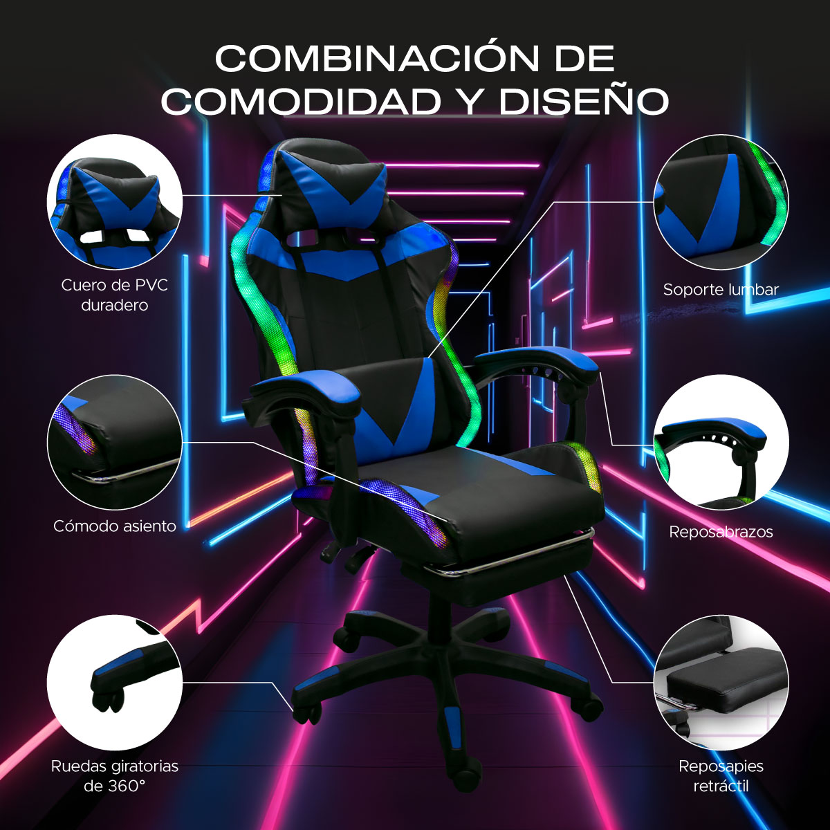 Foto 5 pulgar | Silla Gaming Titano con Reposapies y Luz Led color Azul