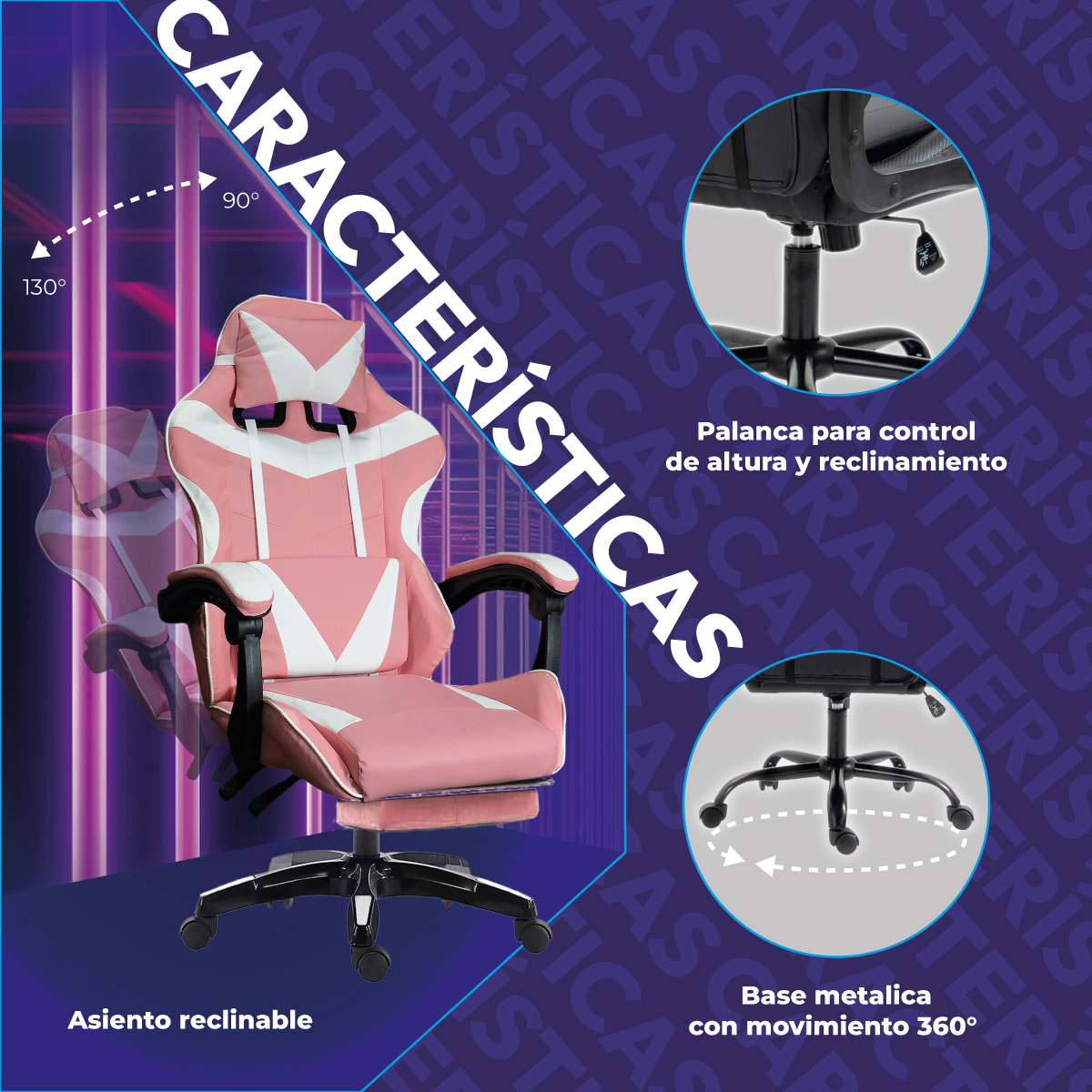 Foto 5 pulgar | Silla Gamer Ergonómica Titano Reclinable con Descansa Pies Rosa