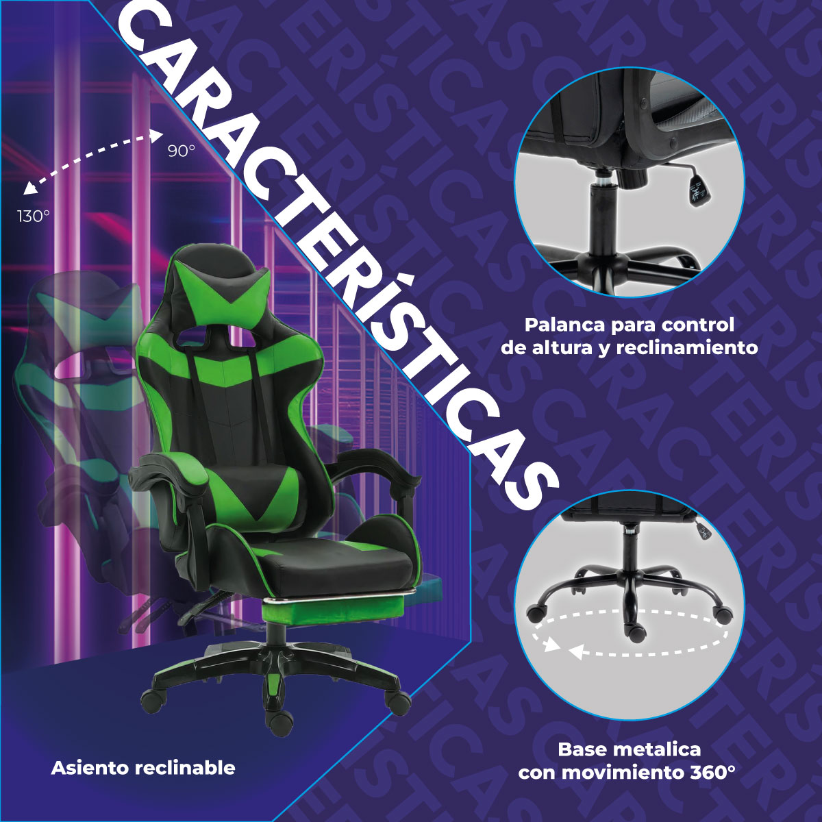 Foto 5 pulgar | Silla Gamer Ergonómica Titano Reclinable con Descansa Pies Verde