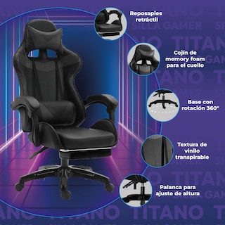 Foto 2 | Silla Gamer Ergonómica Titano Reclinable con Descansa Pies Negra