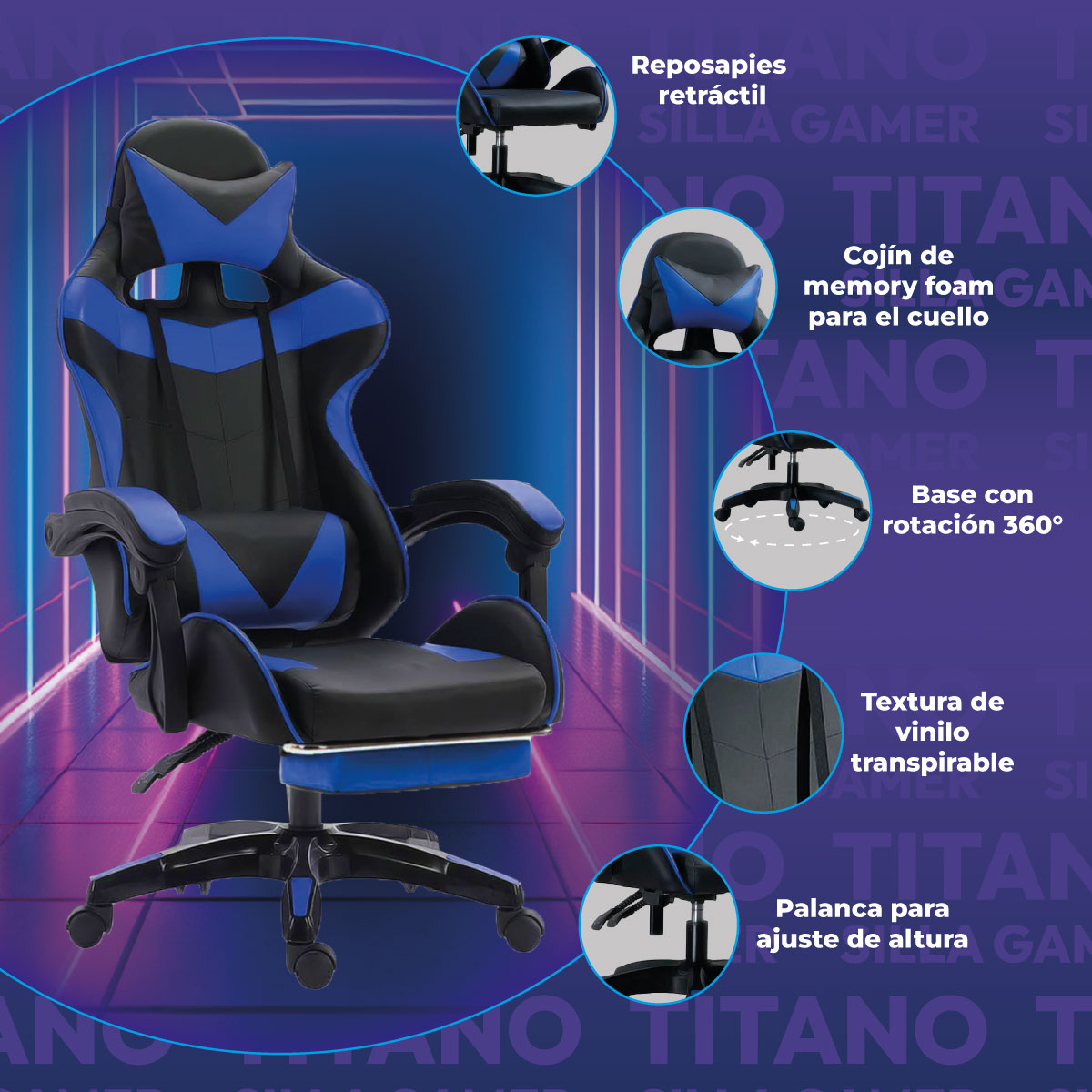 Foto 3 pulgar | Silla Gamer Ergonómica Titano Reclinable con Descansa Pies Azul