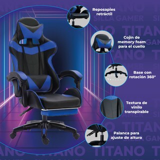Foto 2 | Silla Gamer Ergonómica Titano Reclinable con Descansa Pies Azul