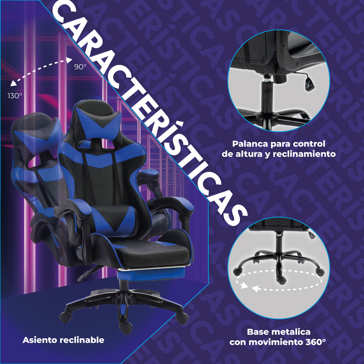 Foto 5 pulgar | Silla Gamer Ergonómica Titano Reclinable con Descansa Pies Azul