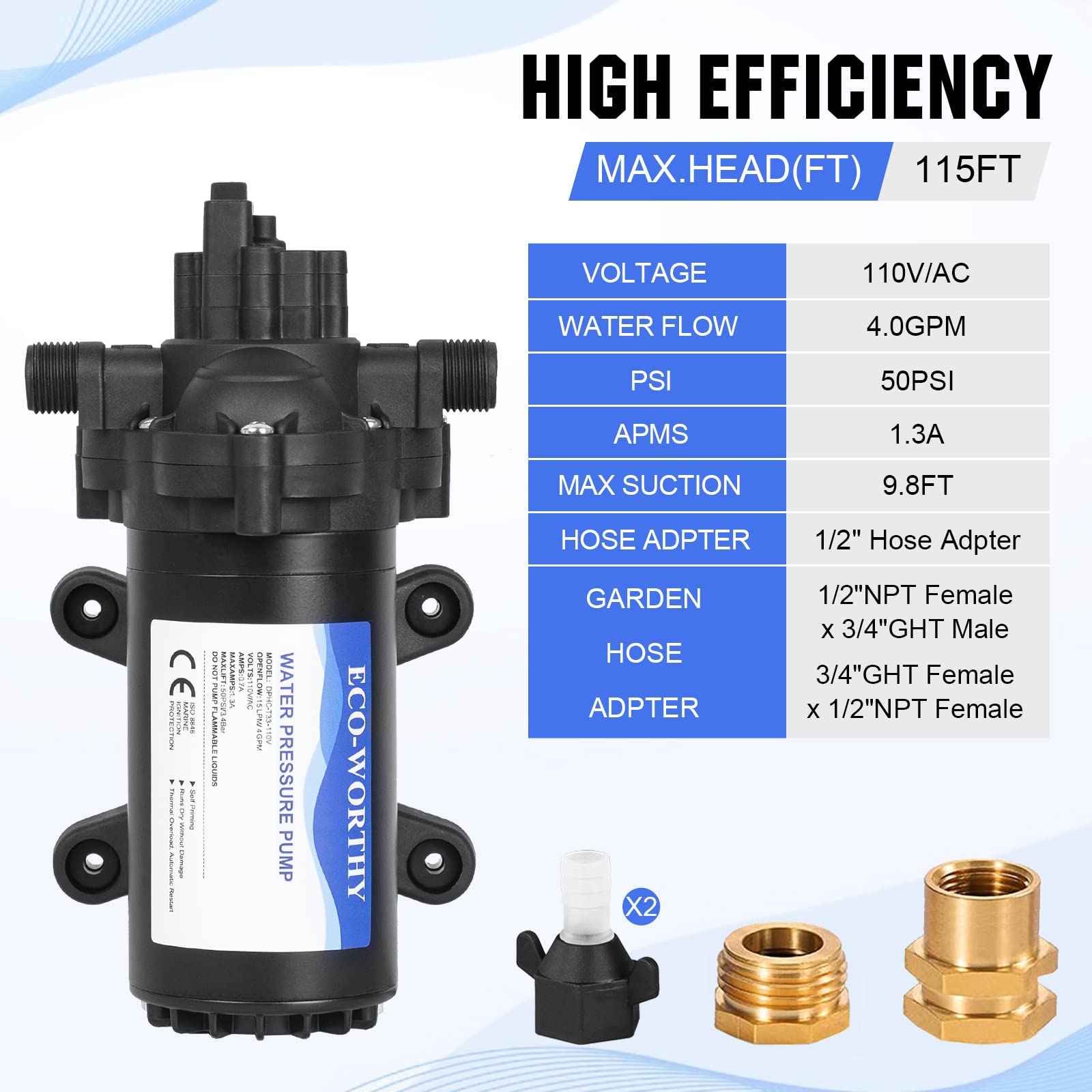 Foto 2 | Bomba De Diafragma Eco-worthy Serie 33 110 V Ac 4.0 Gpm 50 Psi - Venta Internacional.