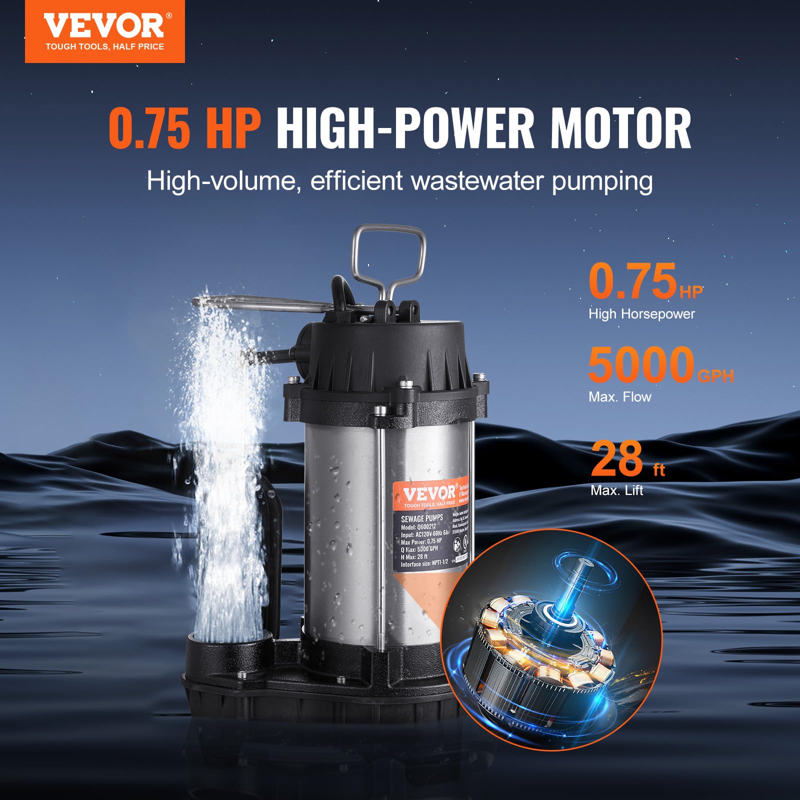 Foto 3 pulgar | Bomba De Sumidero Sumergible Vevor 0.75hp 5000lph 8.5 M Lift - Venta Internacional.