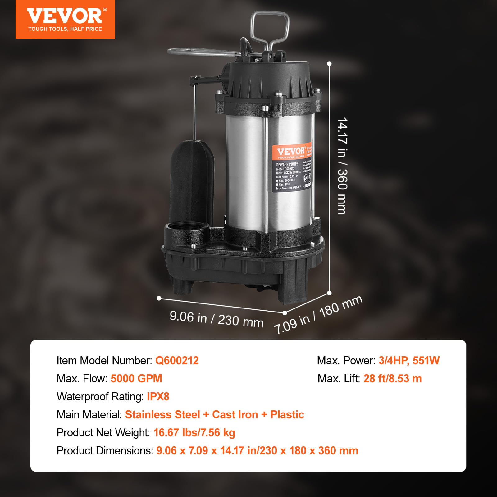 Foto 7 | Bomba De Sumidero Sumergible Vevor 0.75hp 5000lph 8.5 M Lift - Venta Internacional.