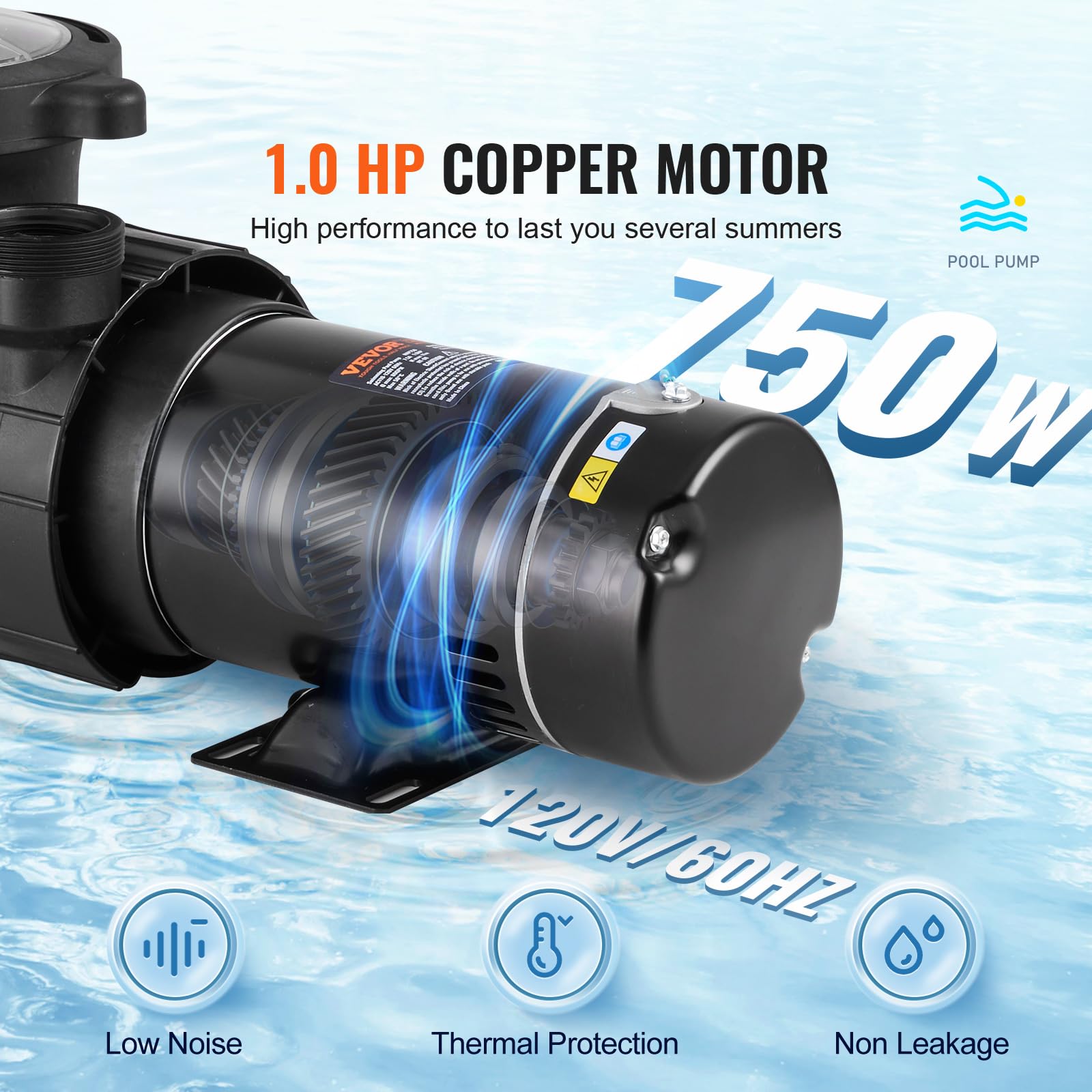 Foto 3 | Bomba Para Piscina Vevor 1hp 80m³/h Máx. Flujo Máximo De 36 Pies. Elevador De Cabeza 120 V - Venta Internacional.