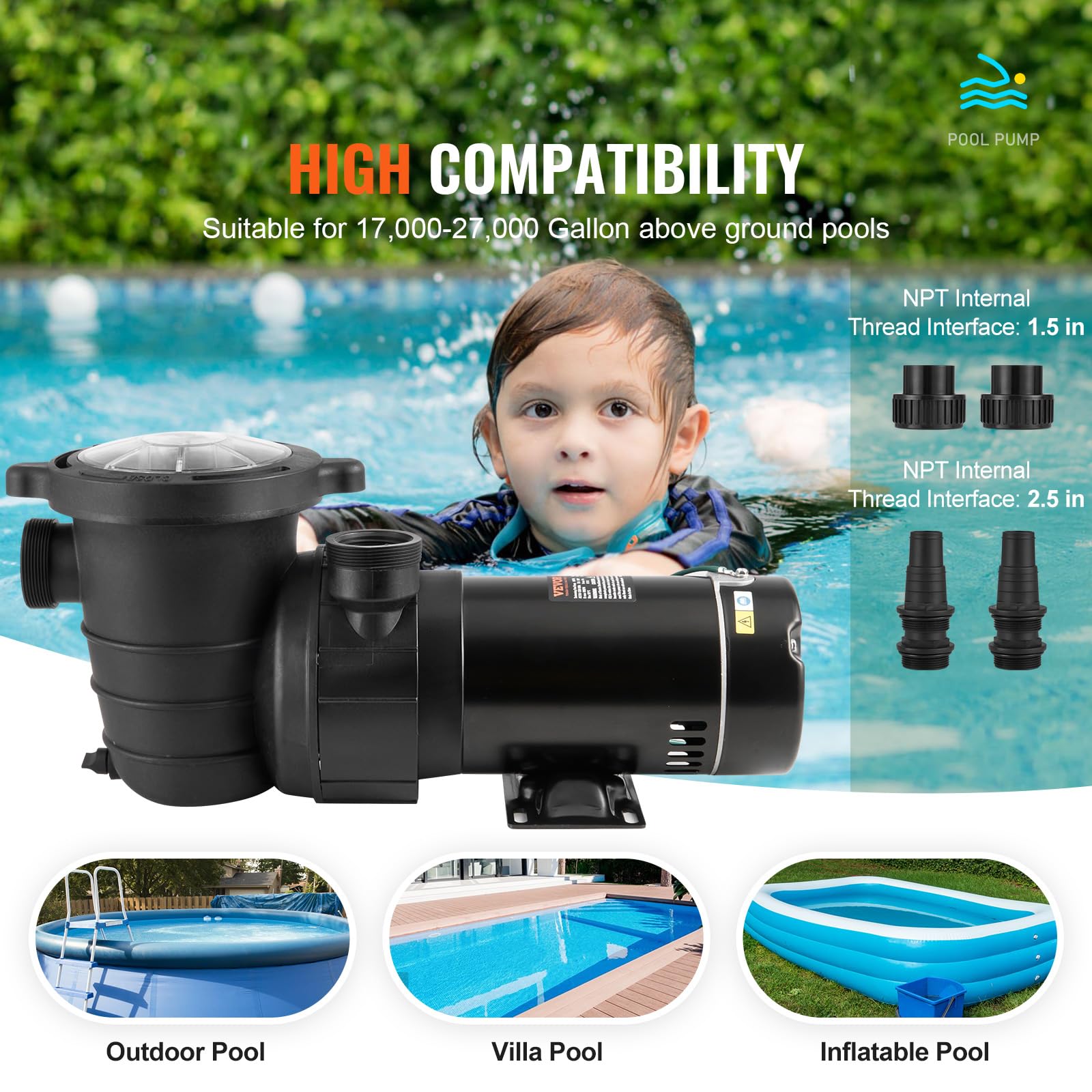 Foto 4 | Bomba Para Piscina Vevor 1hp 80m³/h Máx. Flujo Máximo De 36 Pies. Elevador De Cabeza 120 V - Venta Internacional.