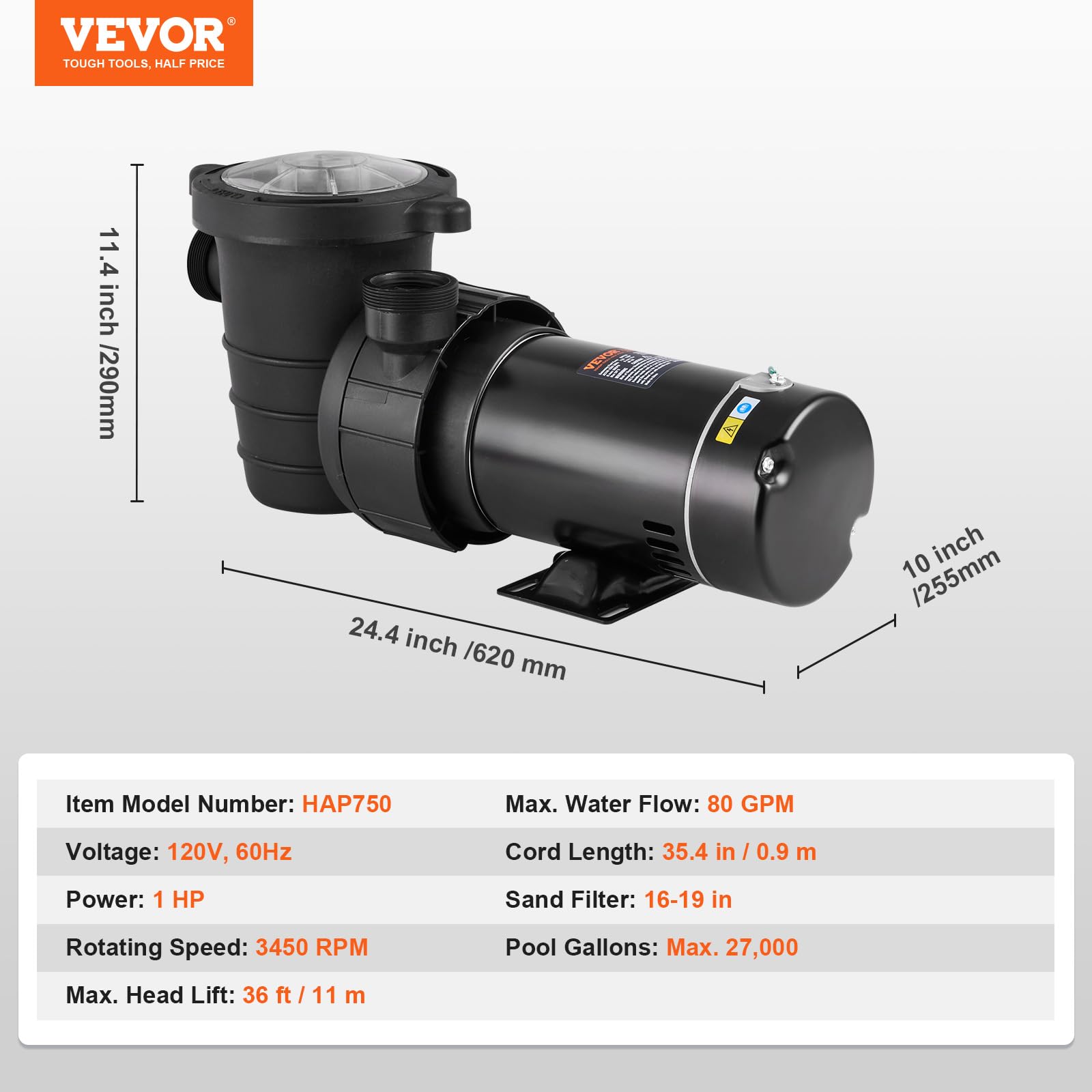 Foto 7 | Bomba Para Piscina Vevor 1hp 80m³/h Máx. Flujo Máximo De 36 Pies. Elevador De Cabeza 120 V - Venta Internacional.
