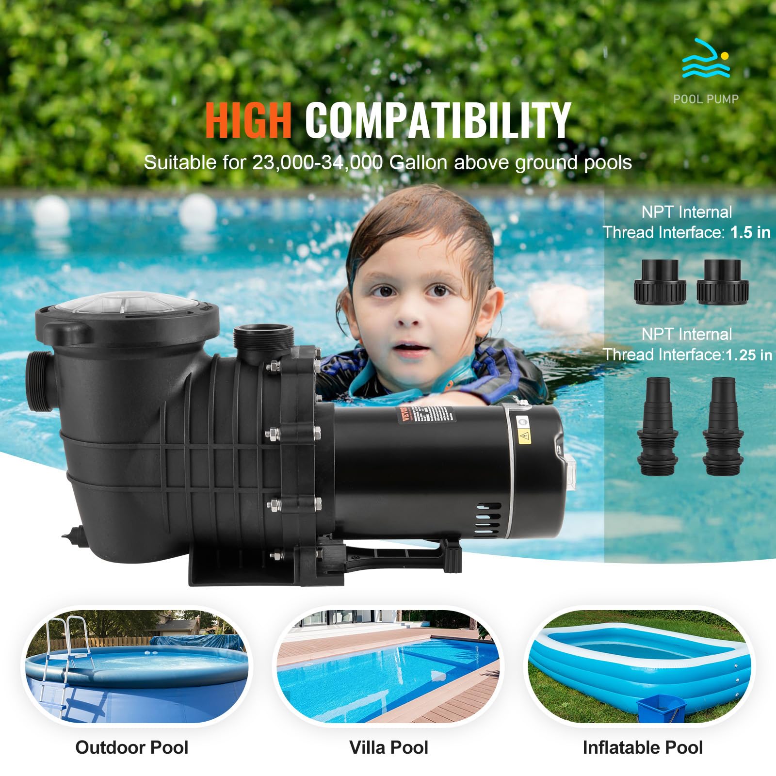 Foto 4 | Bomba De Piscina Vevor 1.5 Hp 100 Gpm De Velocidad Única Para Superficie - Venta Internacional.