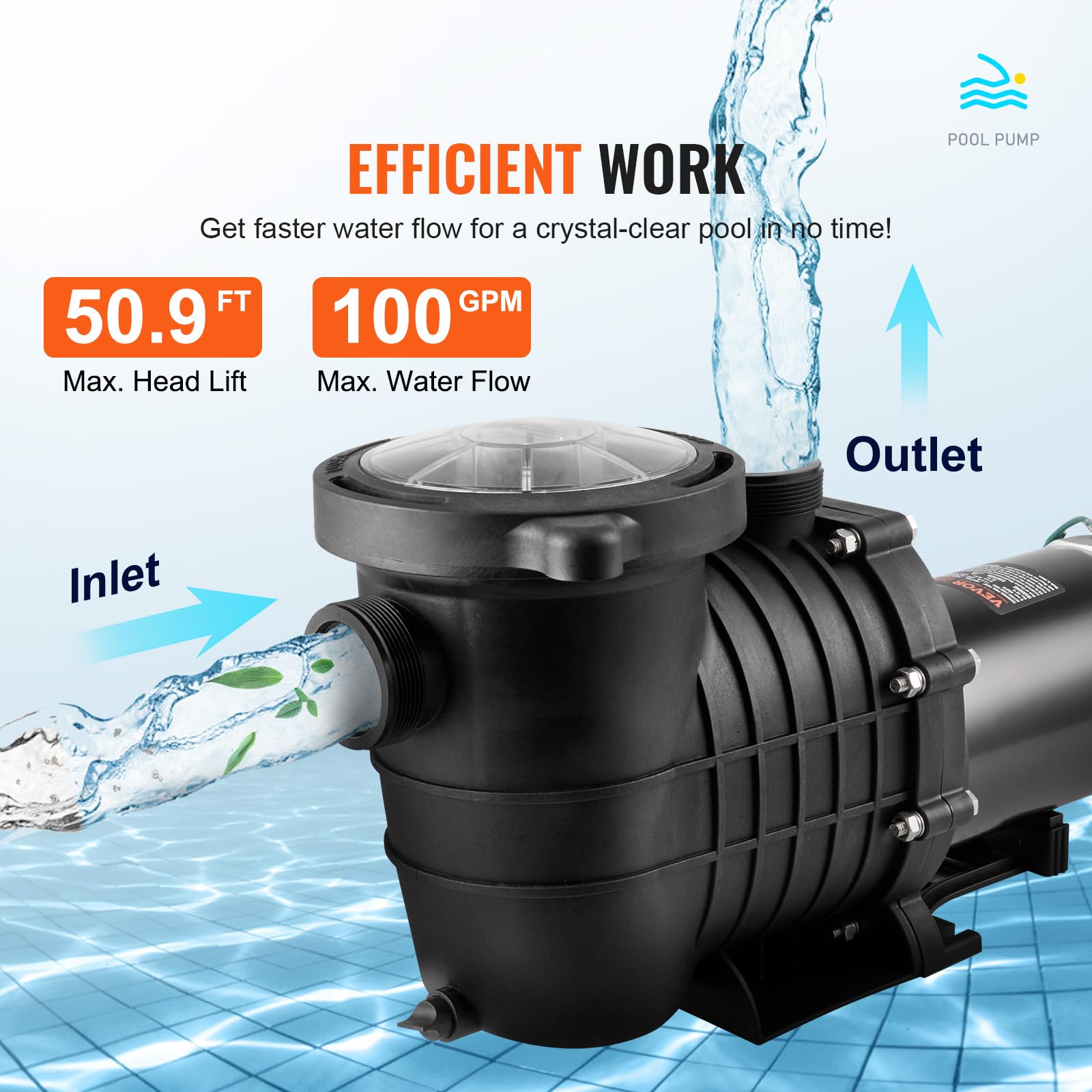 Foto 6 pulgar | Bomba De Piscina Vevor 1.5 Hp 100 Gpm De Velocidad Única Para Superficie - Venta Internacional.