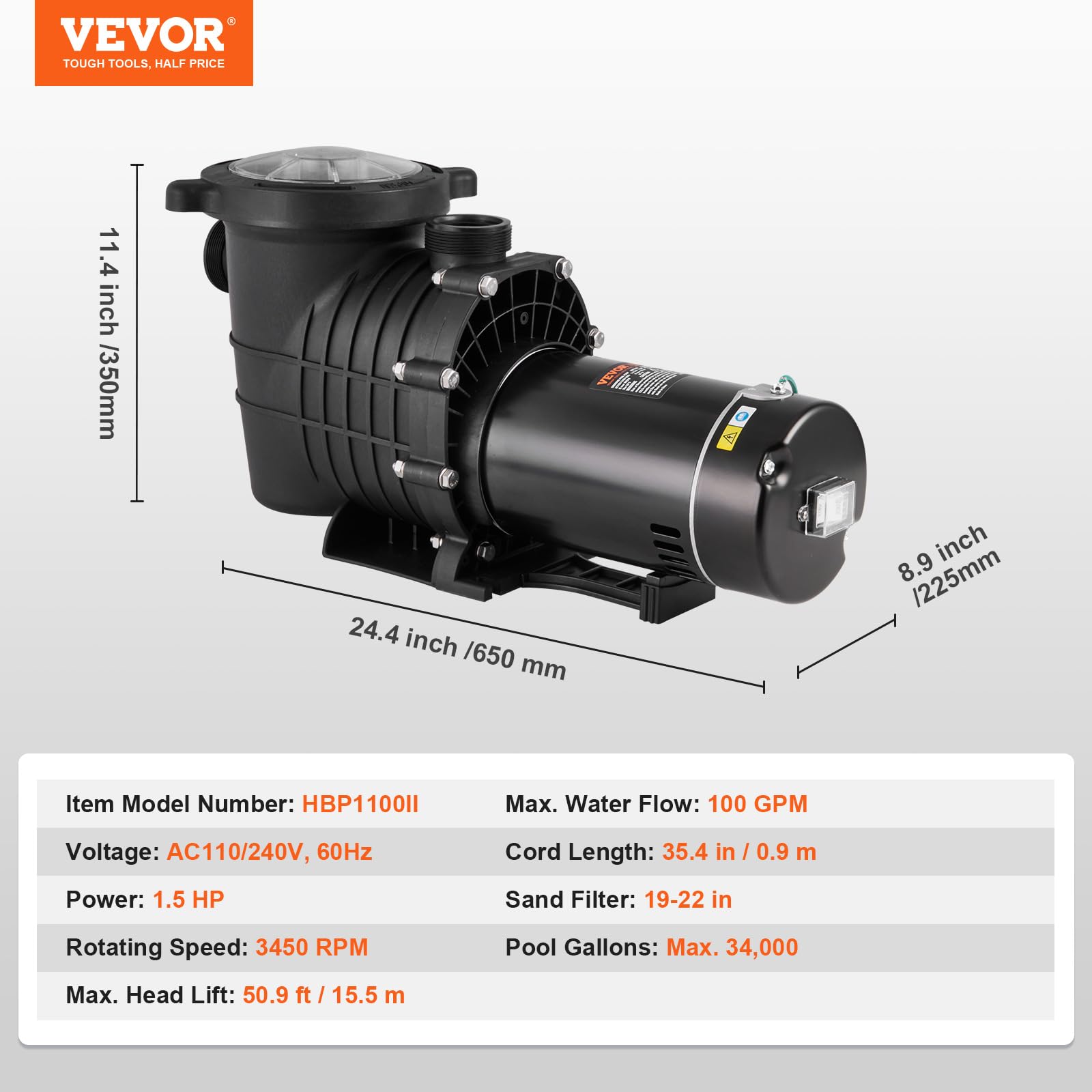 Foto 7 | Bomba De Piscina Vevor 1.5 Hp 100 Gpm De Velocidad Única Para Superficie - Venta Internacional.