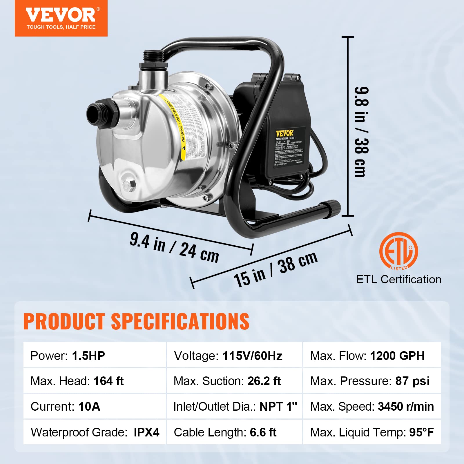 Foto 7 | Bomba Portátil Para Pozos Poco Profundos Vevor 1.5 Hp 1200 Gph 115v - Venta Internacional.
