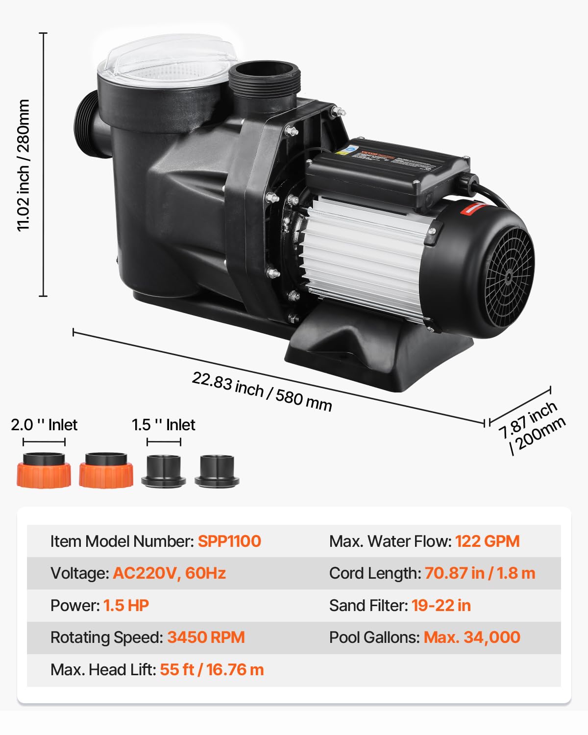 Foto 8 pulgar | Bomba Para Piscina Vevor In/abog Suelo De 1,5 Hp, Autocebante, 460 Lpm - Venta Internacional.