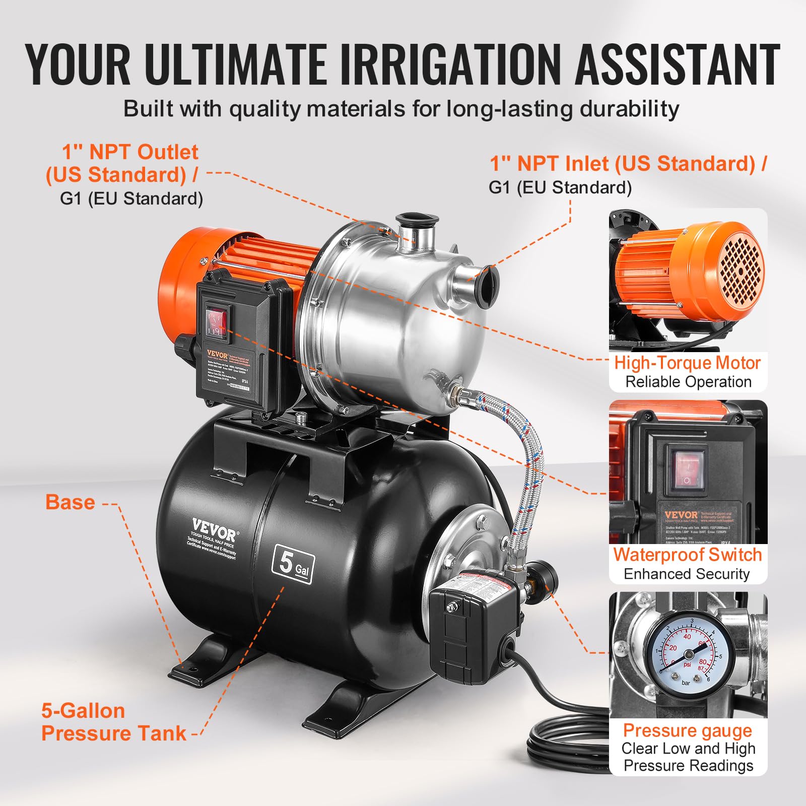 Foto 7 pulgar | Bomba Para Pozos Poco Profundos Vevor 1.6 Hp 1320 Gph Con Tanque De Presión - Venta Internacional.