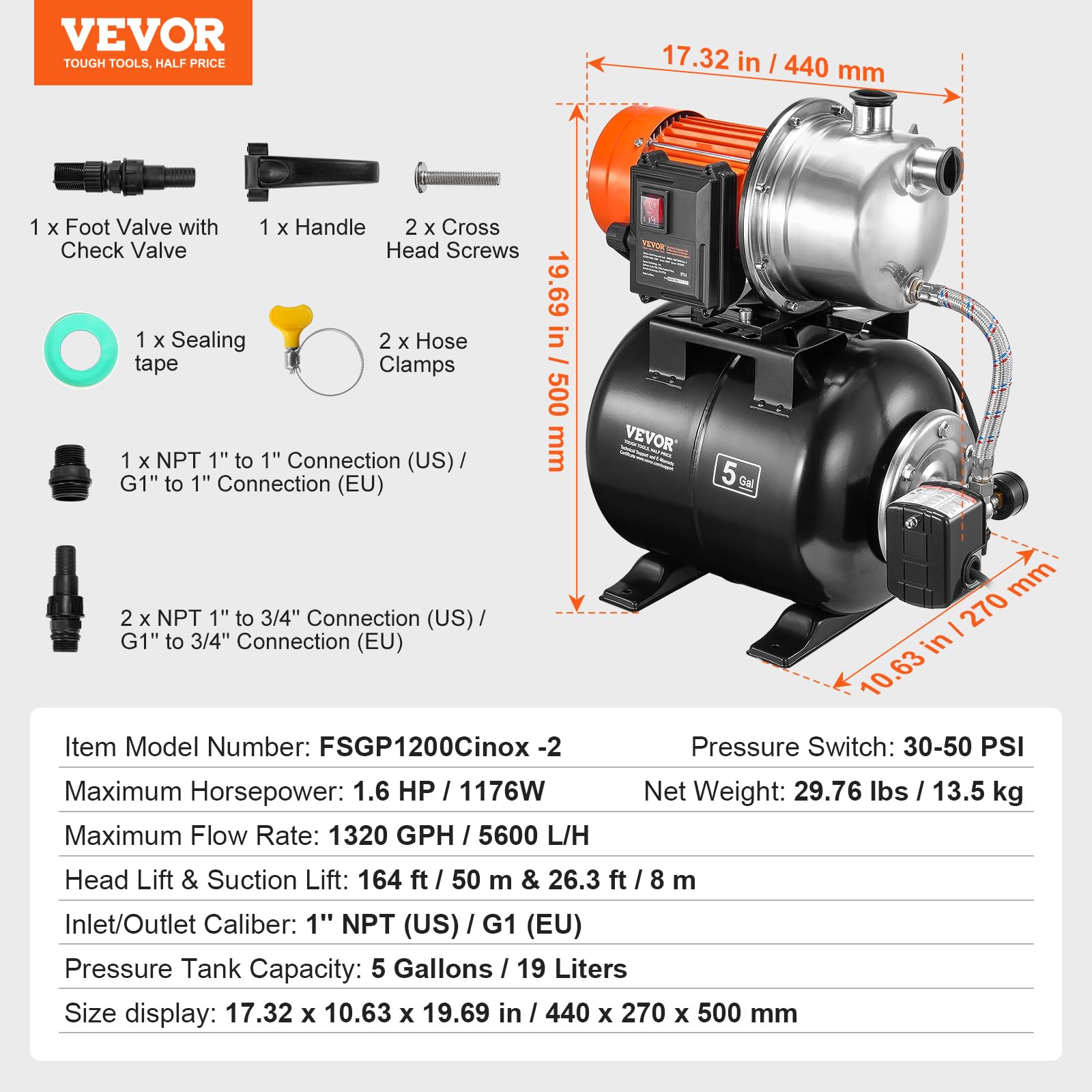 Foto 7 | Bomba Para Pozos Poco Profundos Vevor 1.6 Hp 1320 Gph Con Tanque De Presión - Venta Internacional.