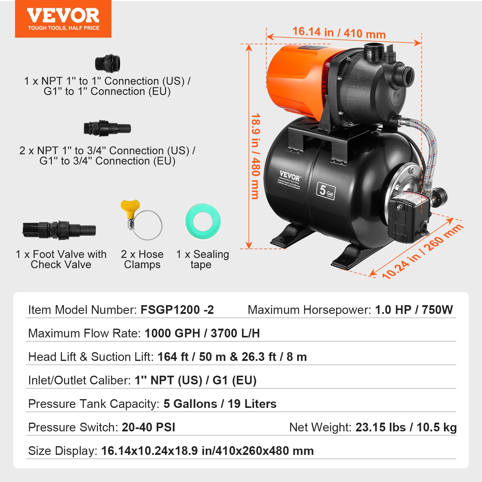 Foto 8 pulgar | Bomba Para Pozos Poco Profundos Vevor 1 Hp Con Tanque De Presión 3700 L/h - Venta Internacional.