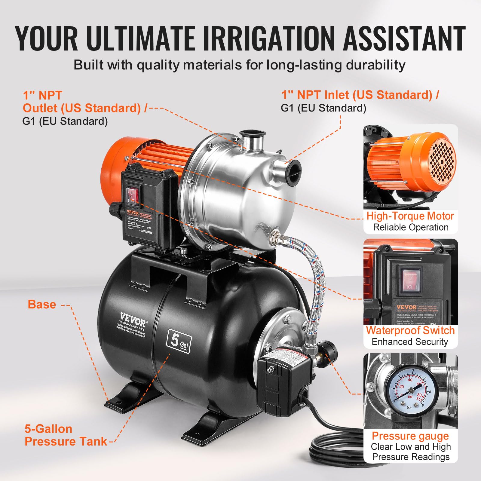 Foto 7 pulgar | Bomba Para Pozos Poco Profundos Vevor 1 Hp 1000 Gph Con Tanque De Presión - Venta Internacional.