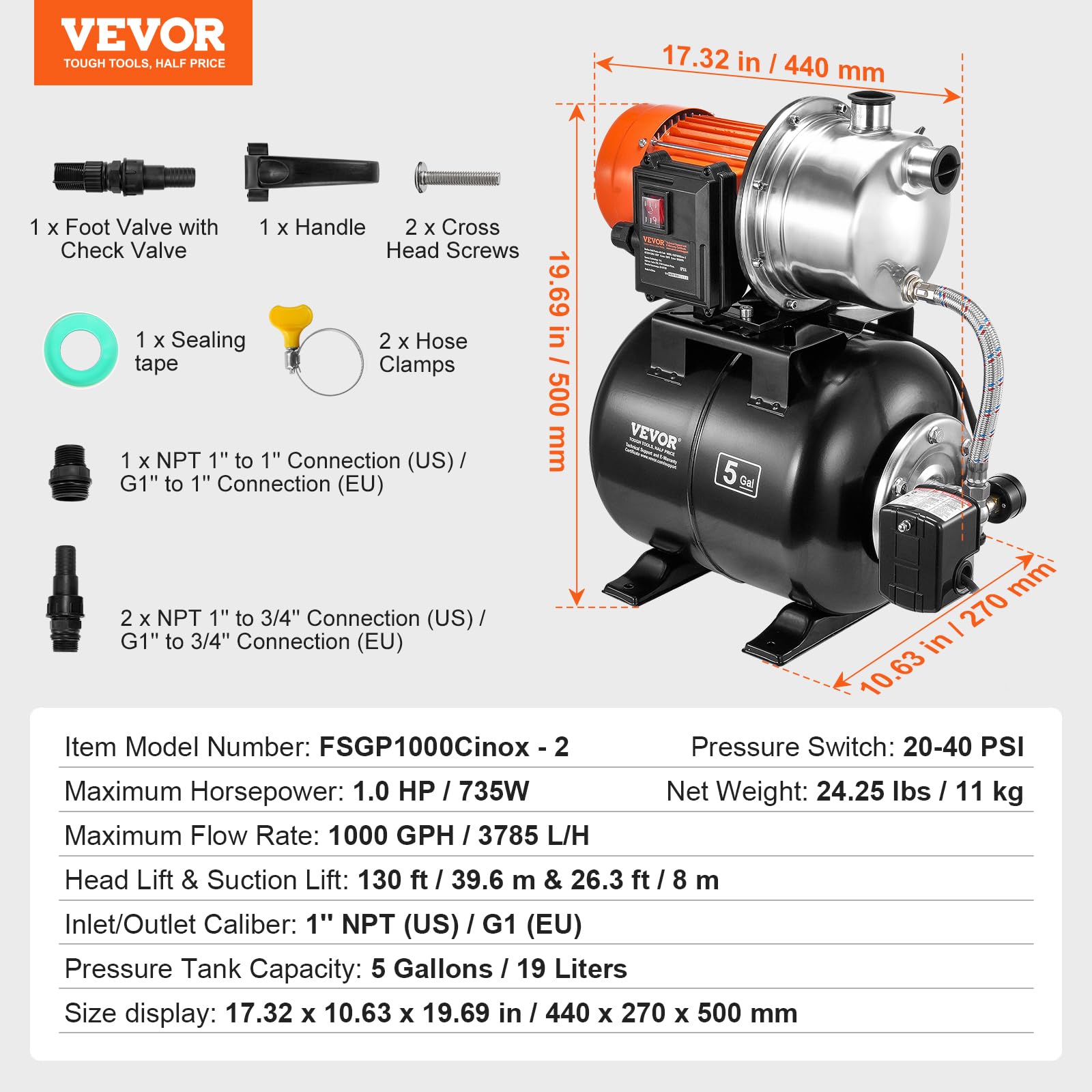 Foto 8 pulgar | Bomba Para Pozos Poco Profundos Vevor 1 Hp 1000 Gph Con Tanque De Presión - Venta Internacional.
