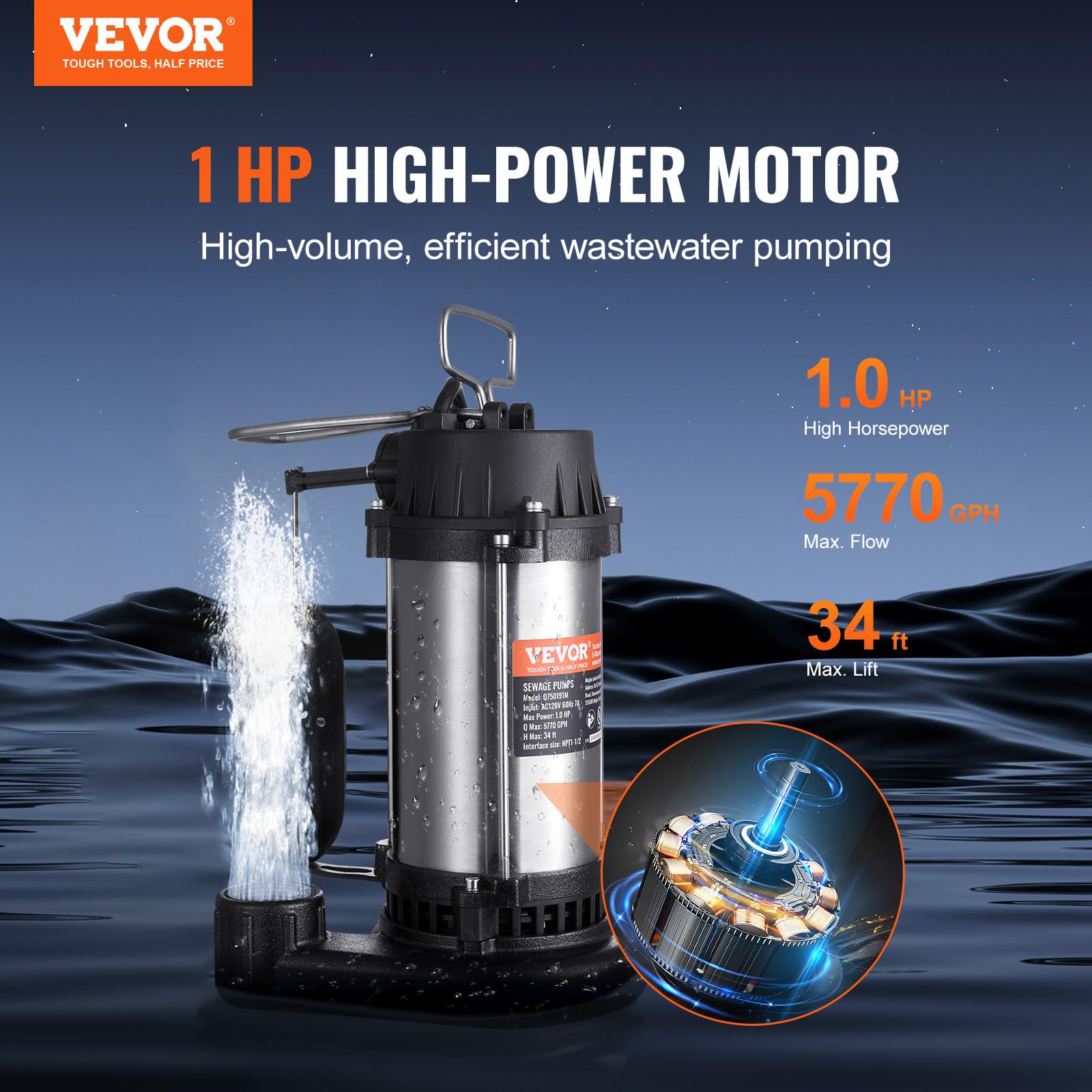 Foto 3 pulgar | Bomba De Sumidero Sumergible Vevor, 1 Hp, 21.845 Lph, 10 M De Elevación, Hierro Fundido - Venta Internacional.
