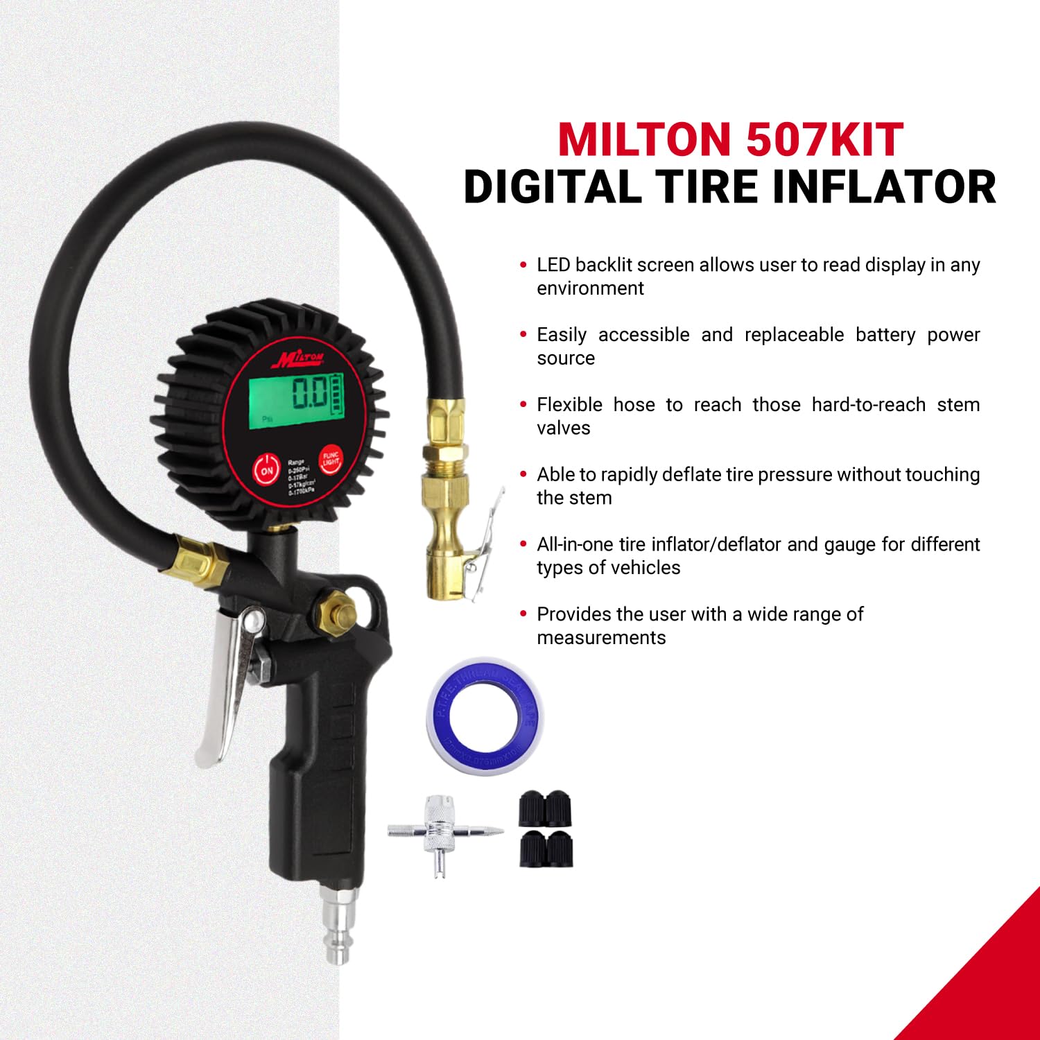 Foto 7 pulgar | Inflador Digital De Neumáticos Milton 507kit Con Medidor Preciso De 250 Psi - Venta Internacional.