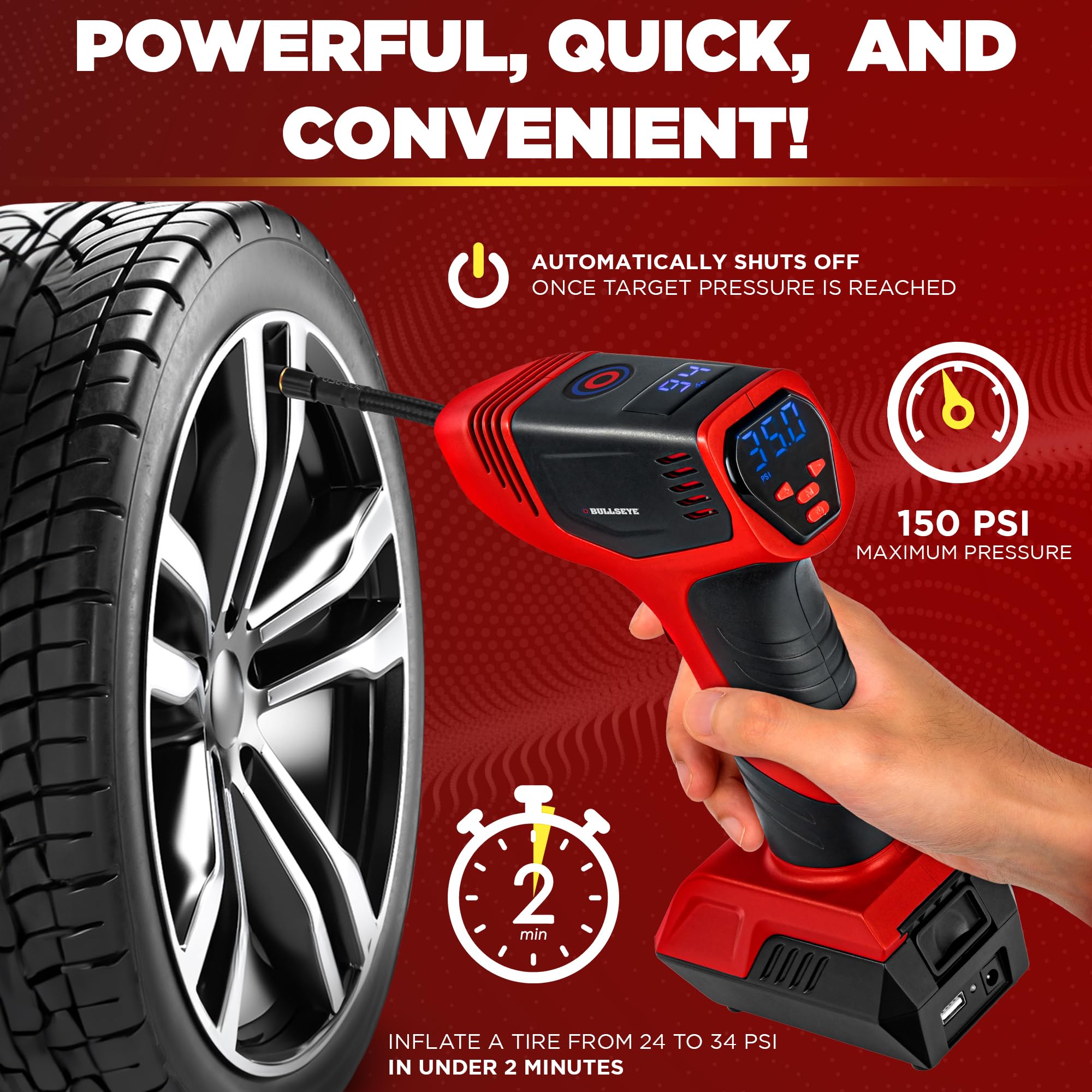 Foto 3 pulgar | Inflador De Neumáticos Bullseye Pro Con Manómetro 150 Psi - Venta Internacional.