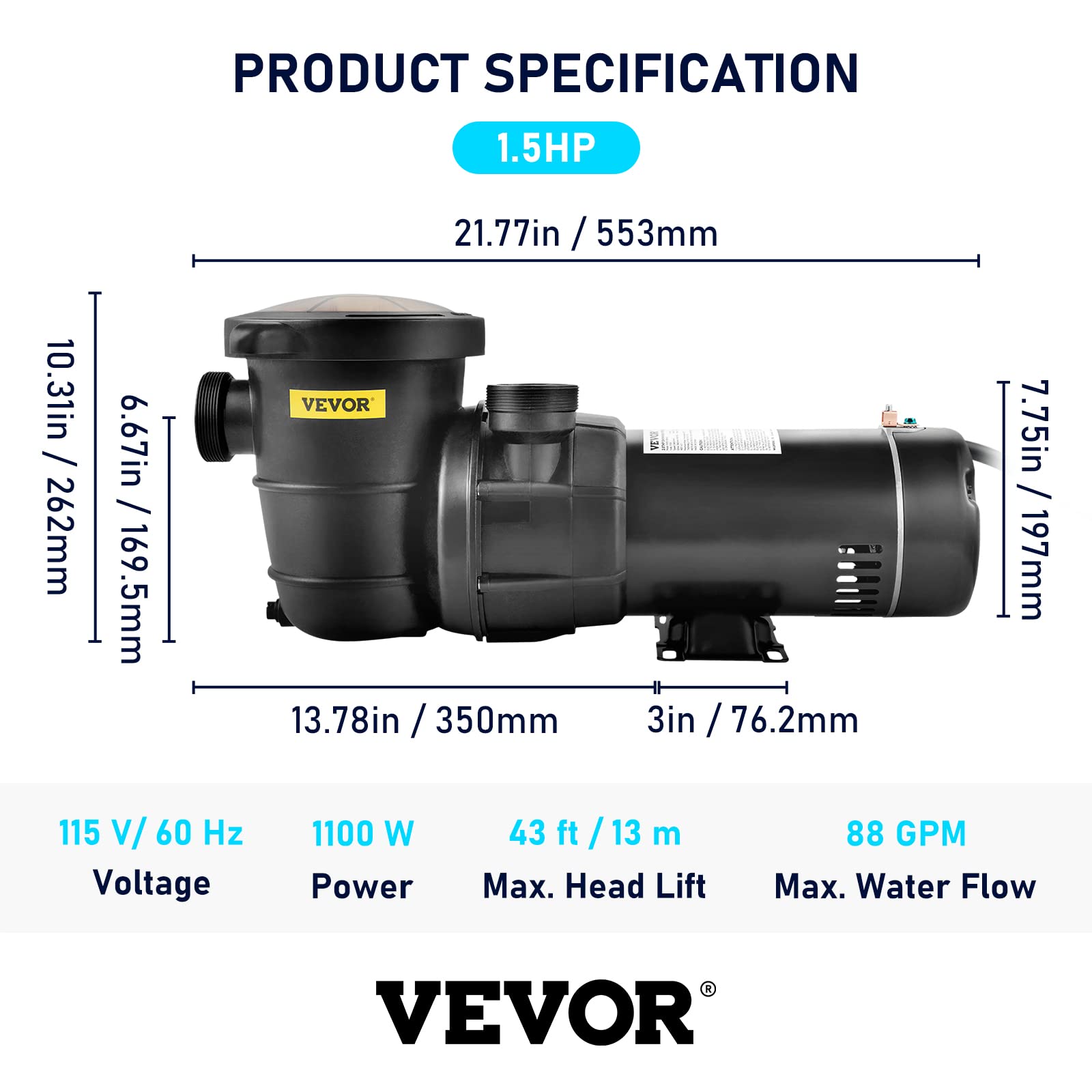Foto 7 | Bomba De Piscina Vevor 1.5hp 115v 1100w 5280l/h Para Superficie - Venta Internacional.