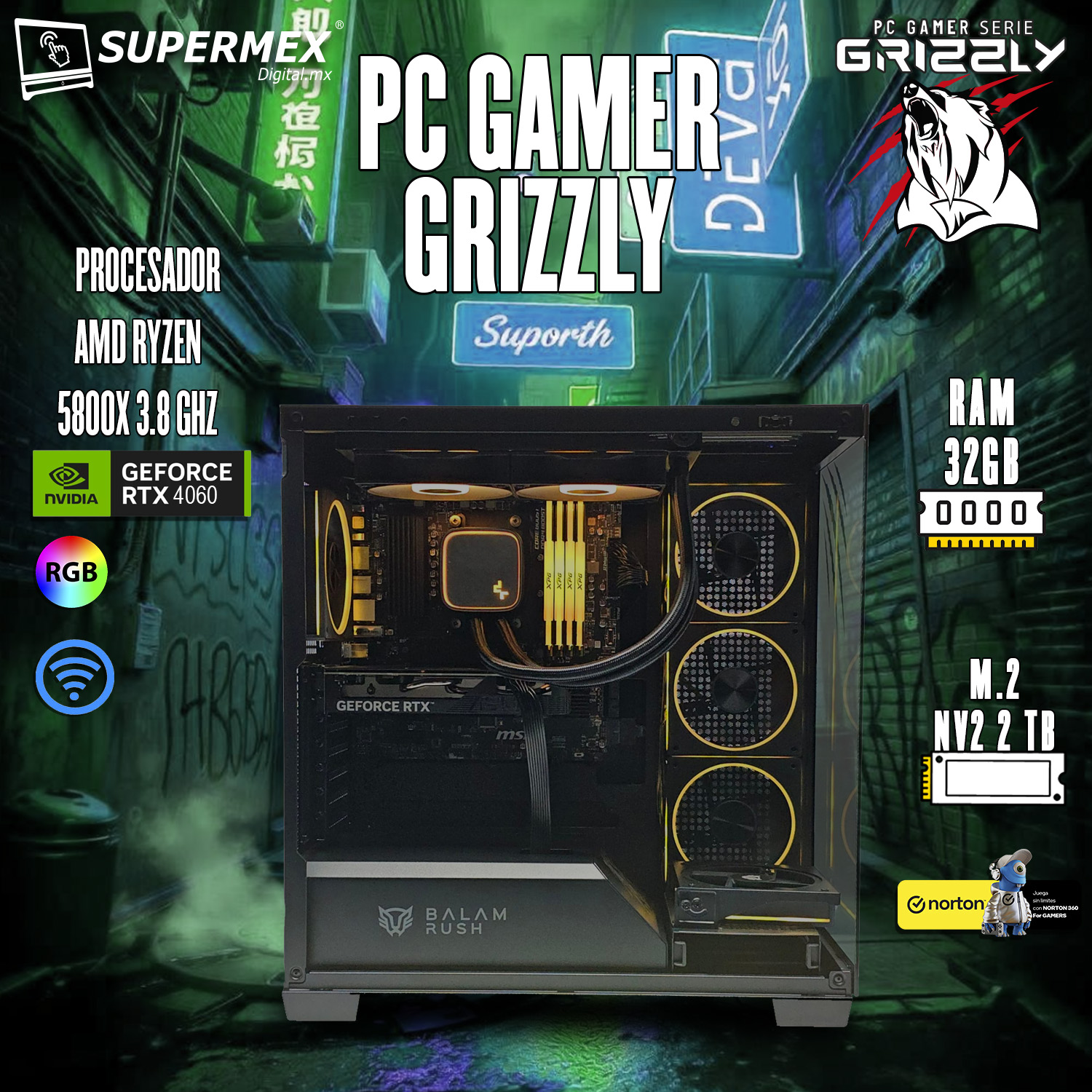 Foto 2 pulgar | Pc Gamer Grizzly Amd Ryzen 7 5800x 3.8ghz Rtx4060 32gb M.2 2tb Wifi Bt  Pg-amd064