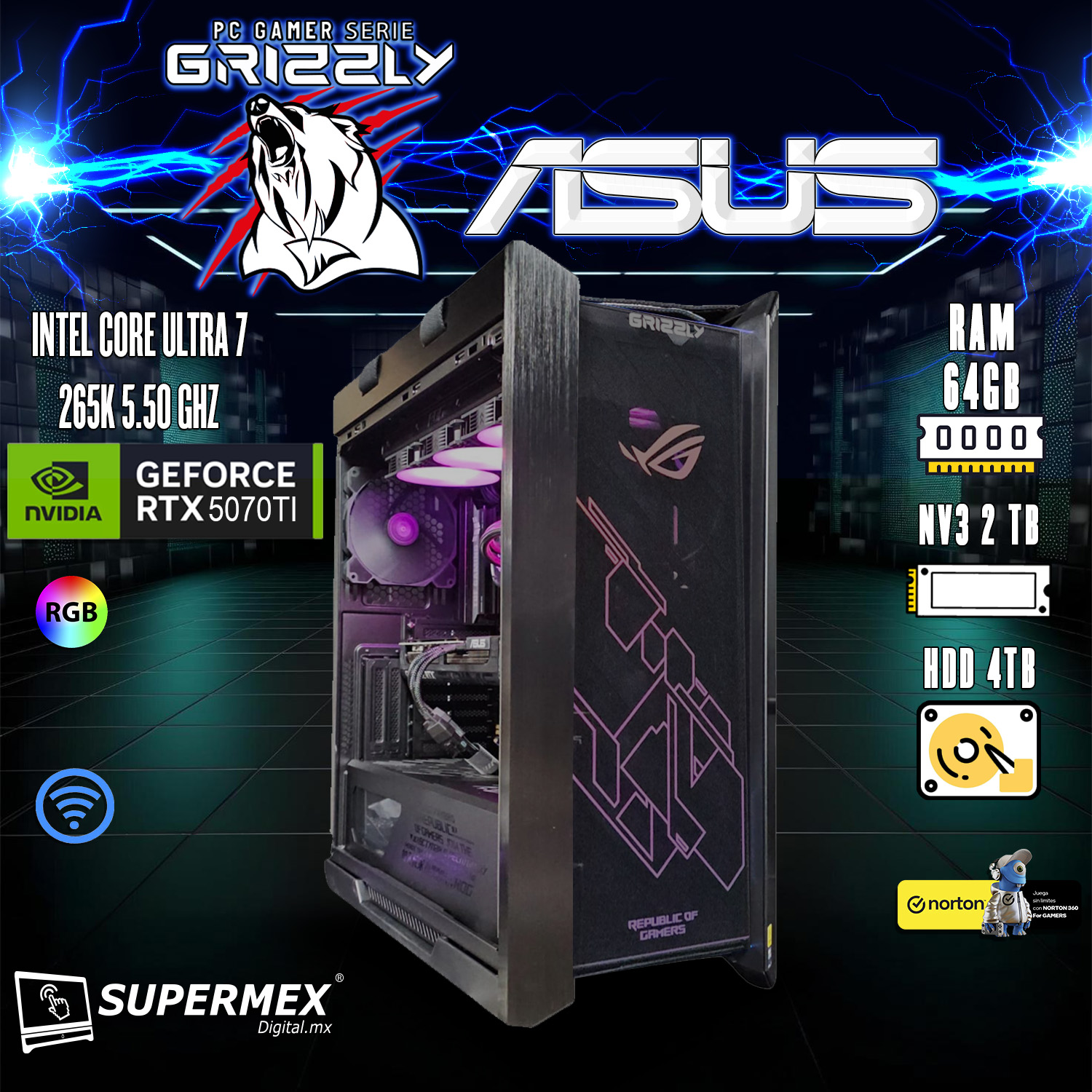 Pc Gamer Grizzly Asus Edition Intel Core Ultra 7 265k 5.5ghz Rtx5070ti 64gb Nv3 2tb Hdd 4tb Wifi Bt Pg-intel080