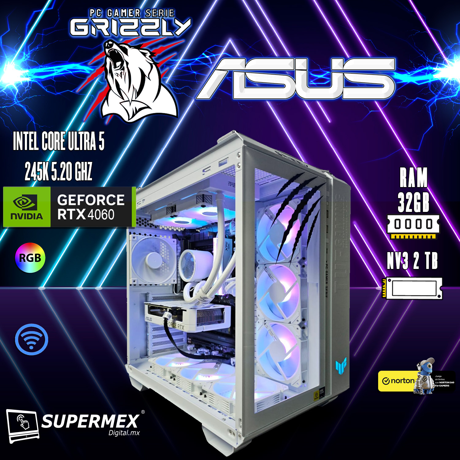 Foto 2 pulgar | Pc Gamer Grizzly Asus Edition Intel Core Ultra 5 245k 5.2ghz Rtx4060 Nv3 2tb 32gb Wifi Bt Pg-intel079