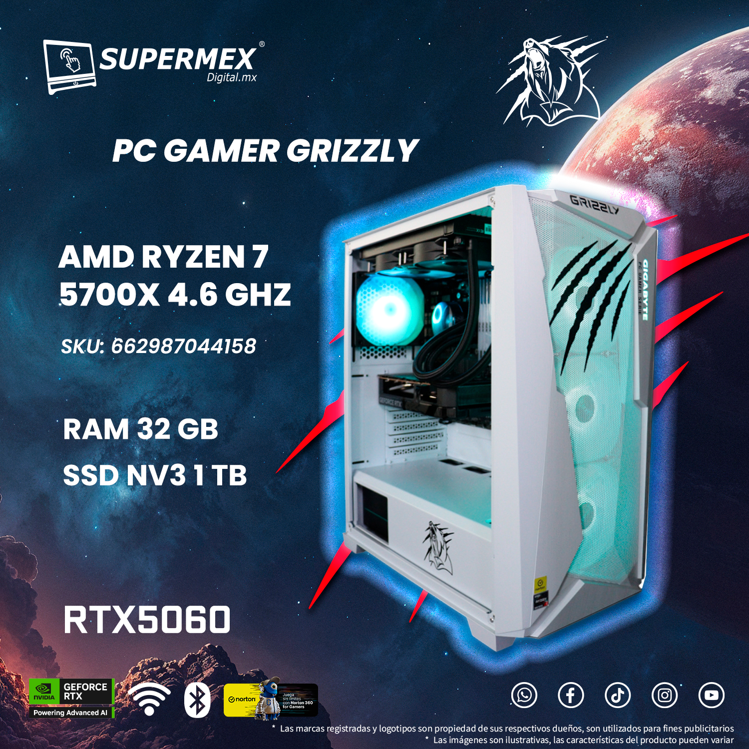 Foto 7 pulgar | Pc Gamer Grizzly Amd Ryzen 7 5700x 4.6 Ghz Nvidia Rtx 5060 Ram 32 Gb Ssd Nv3 1 Tb Wifi Bt Pg-amd071