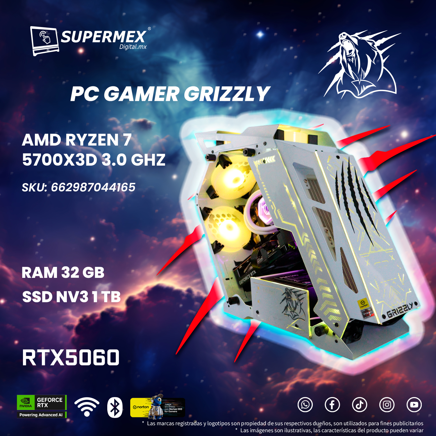 Foto 7 pulgar | Pc Gamer Grizzly Amd Ryzen 7 5700x3d 3.0 Ghz Nvidia Rtx5060 Ram 32 Gb Ssd Nv3 1 Tb Wifi Bt Pg-amd072