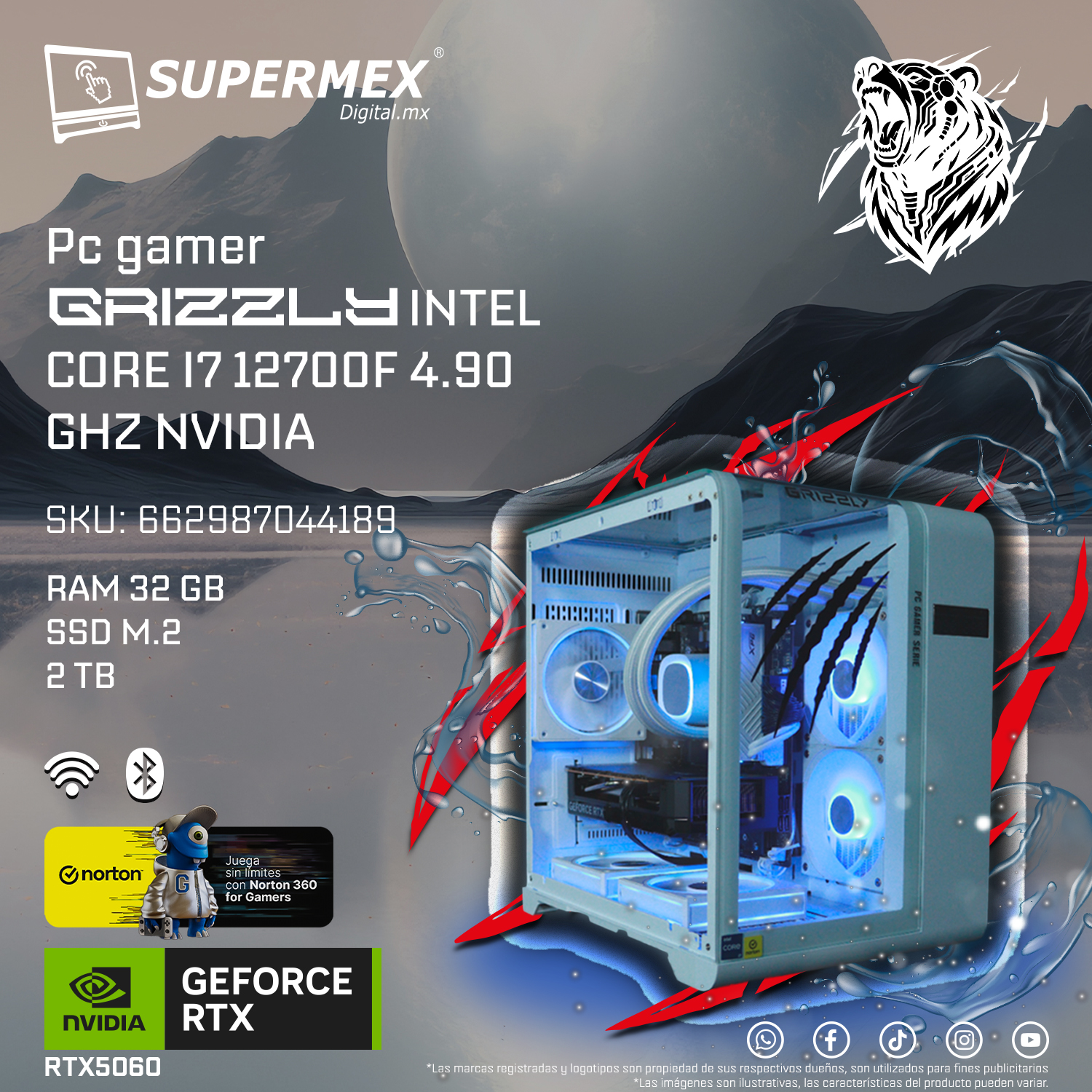 Foto 7 pulgar | Pc Gamer Grizzly Intel Core I7 12700f 4.90 Ghz Nvidia Rtx5060 Ram 32 Gb Ssd M.2 2 Tb Wifi Bt Pg-intel084