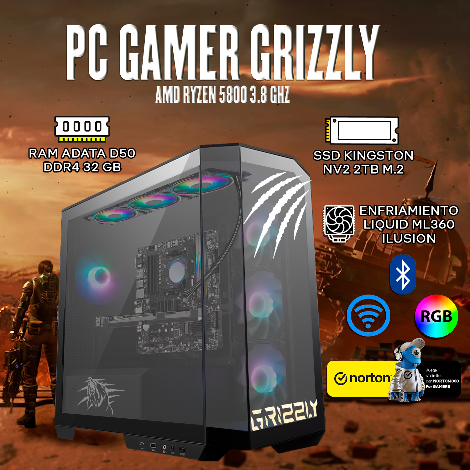 Foto 3 pulgar | Pc Gamer Grizzly Amd Ryzen 5800x 3.8 Ghz Nvidia Rtx4060 Ram 32 Gb M.2 Nv2 2 Tb Wifi Bt