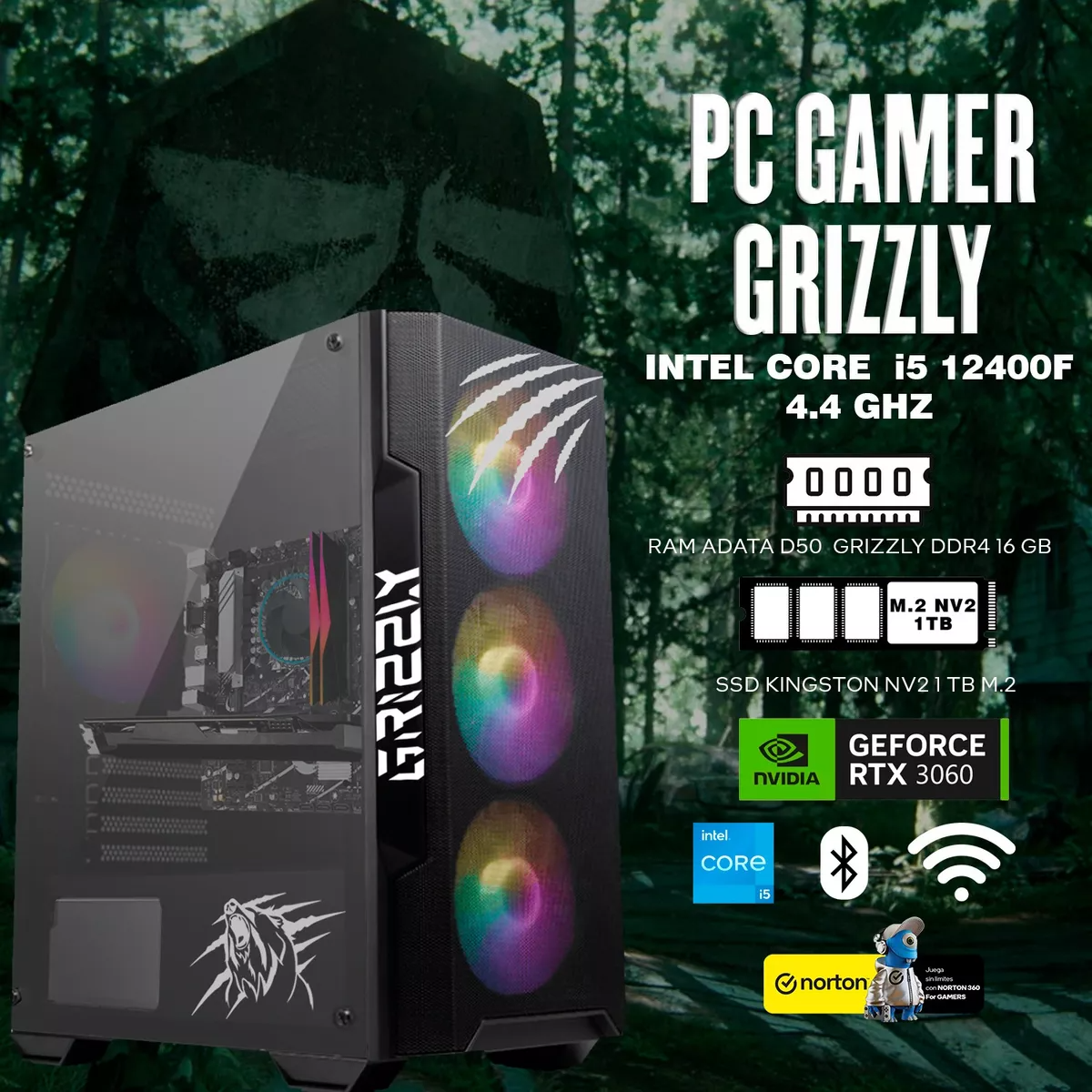 Foto 3 pulgar | Pc Gamer Grizzly Intel Core I5 12400f 4.4 Ghz, Nvidia Rtx 3060 Ram 16 Gb M.2 Nv2 1 Tb Wifi Bt