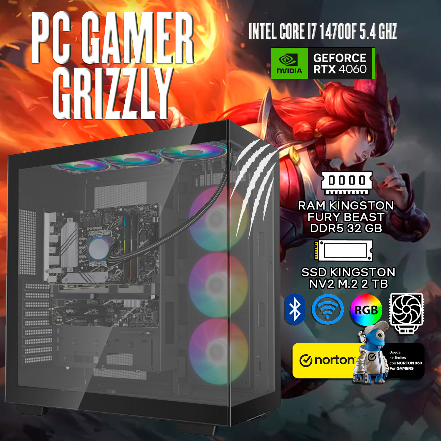 Foto 3 pulgar | Pc Gamer Grizzly Intel Core I7 14700f 5.4 Ghz Nvidia Rtx 4060 Ram 32 Gb M.2 Nv2 2 Tb Wifi Bt