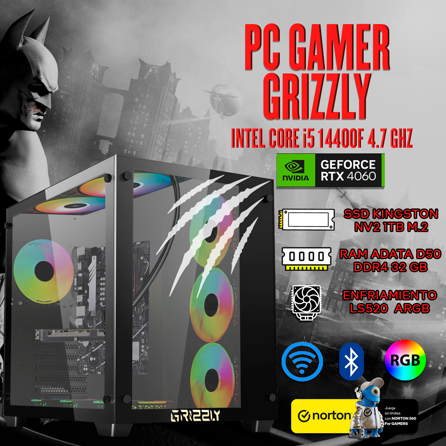 Foto 5 pulgar | Pc Gamer Grizzly Intel Core I5 14400 4.7 Ghz Nvidia Rtx4060 Ram 32 Gb M.2 Nv2 1 Tb Wifi Bt