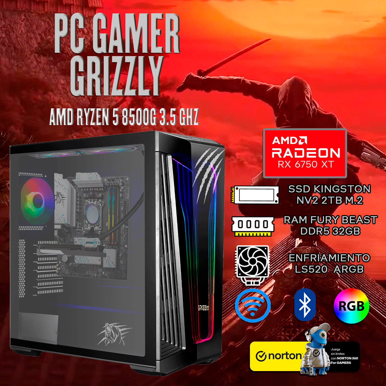 Foto 6 pulgar | Pc Gamer Grizzly Amd Ryzen 5 8500g Radeon Rx6750xt 3.5 Ghz Ram 32 Gb  M.2 Nv2 2tb Wifi Bt