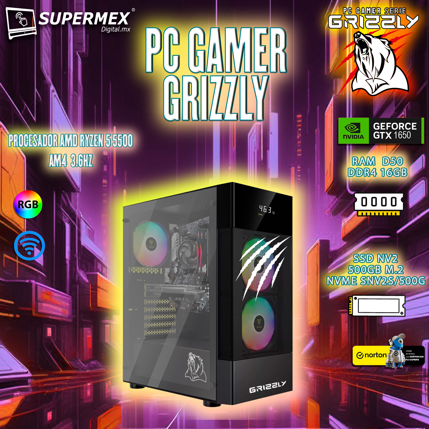 Foto 6 pulgar | Pc Gamer Grizzly Amd Ryzen 5 5500 Nvidia Gtx 1650 3.6 Ghz  Ram 16 Gb Ssd M.2 500 Gb Wifi Bt