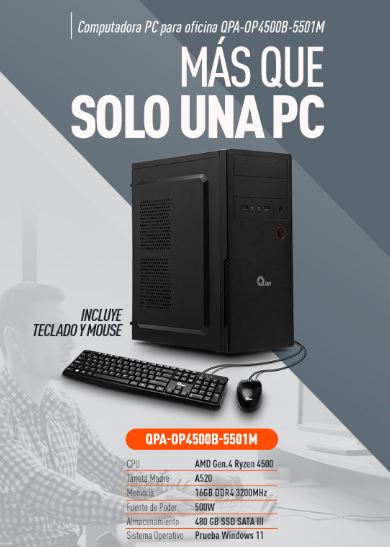 Foto 7 pulgar | Computadora De Escritorio Qpa-op4500b-5501m Amd Ryzen Gen 4 4500, 16gb Ram, 480gb Ssd, 500w, A520, Win11, Con Mouse