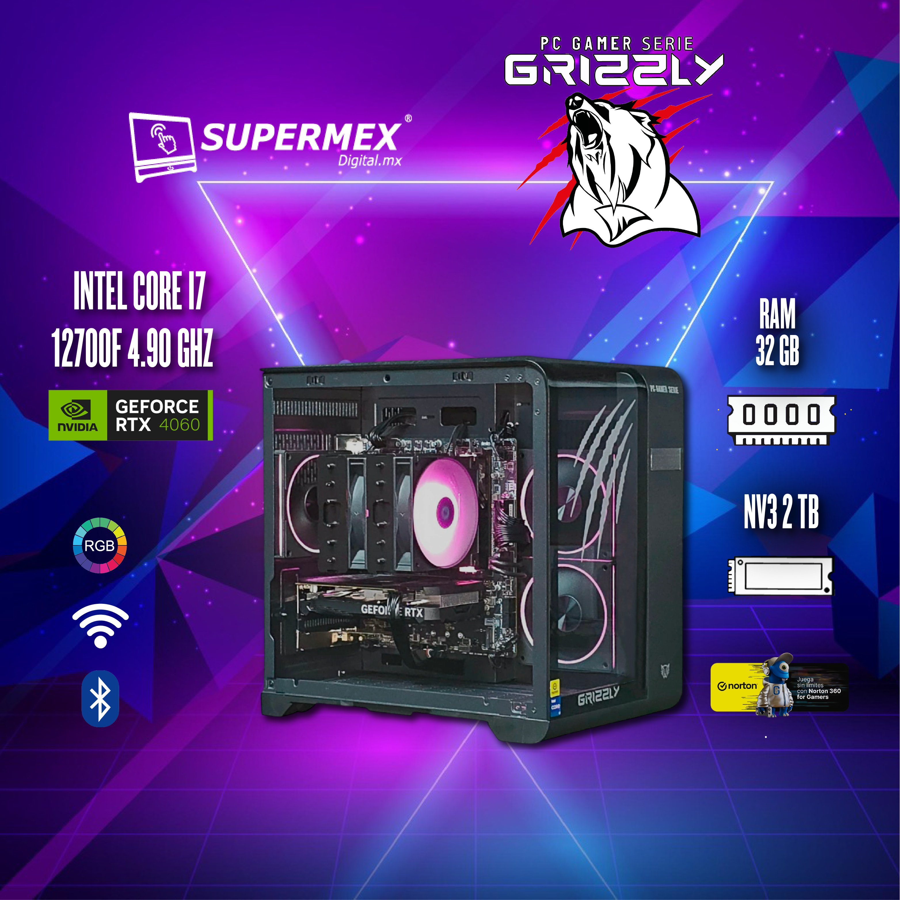 Foto 7 pulgar | Pc Gamer Grizzly Intel Core I7 12700f 4.90 Ghz Nvidia Rtx 4060 Ram 32 Gb Ssd Nv3 2 Tb Wifi Bt Pg-intel083