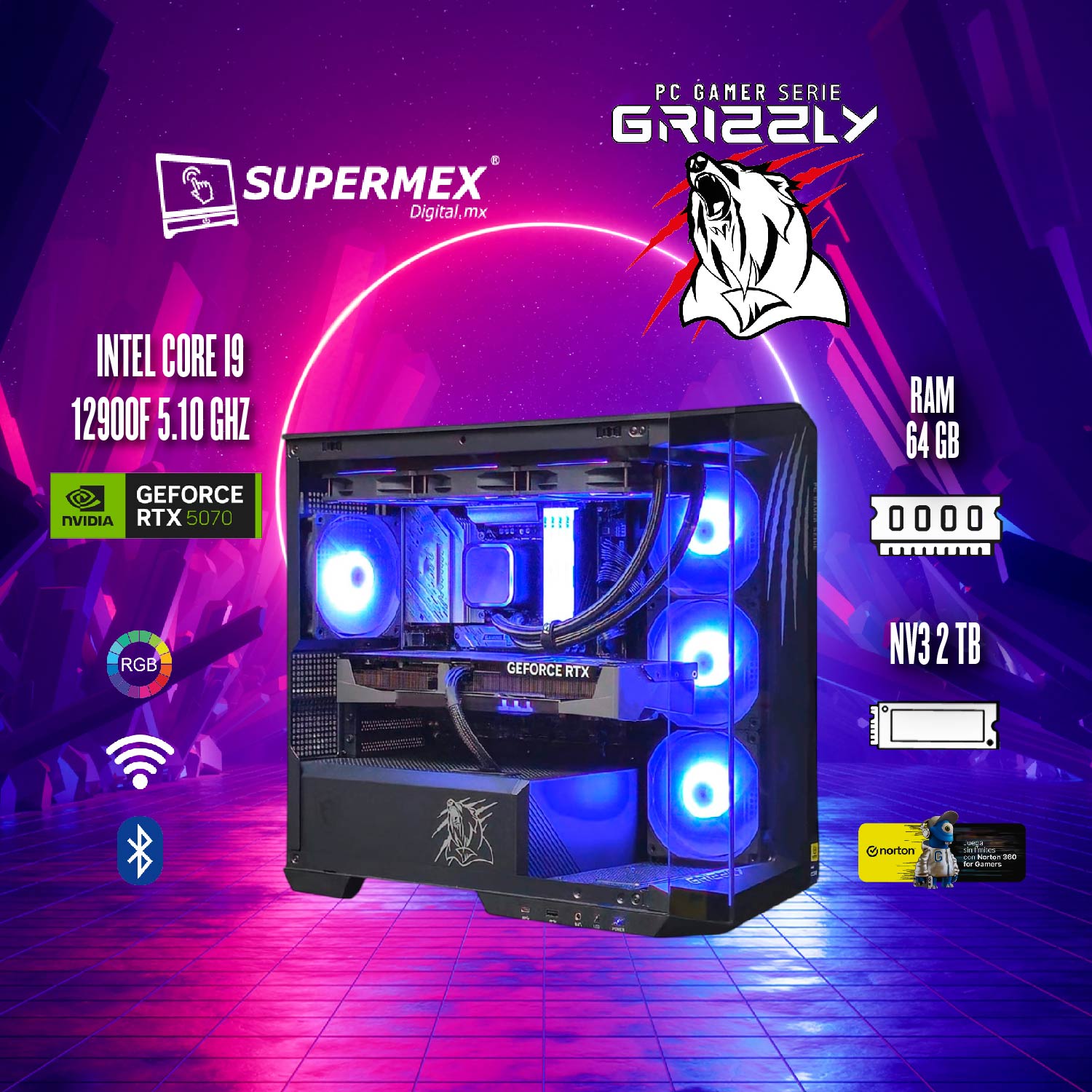 Foto 6 pulgar | Pc Gamer Grizzly Intel Core I9 12900f 5.10 Ghz Nvidia Rtx 5070 Ram 64 Gb Ssd Nv3 2 Tb Wifi Bt Pg-intel082