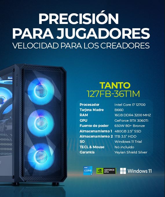 Foto 7 pulgar | Pc Gamer Yeyian Ypi-ta127fb-36t1m Core I7 12700, Rtx 3060ti, 16gb Ddr4, 480gb Ssd, 1tb Hdd, B660, 650w 80+ Bronce, W