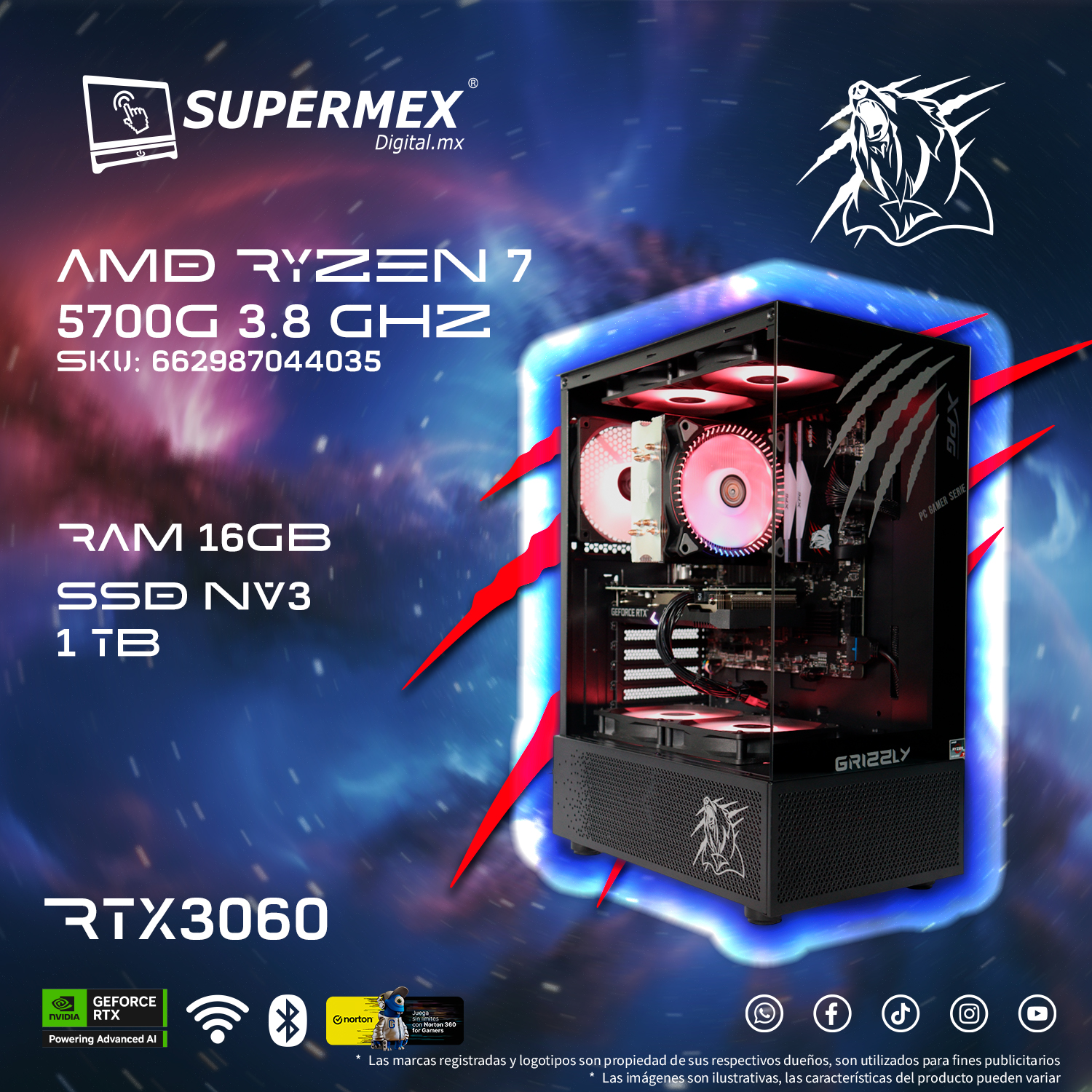 Foto 7 pulgar | Pc Gamer Grizzly Amd Ryzen 7 5700g 3.8 Ghz Nvidia Rtx3060 Ram 16gb Ssd Nv3 1 Tb Wifi Bt Pg-amd067