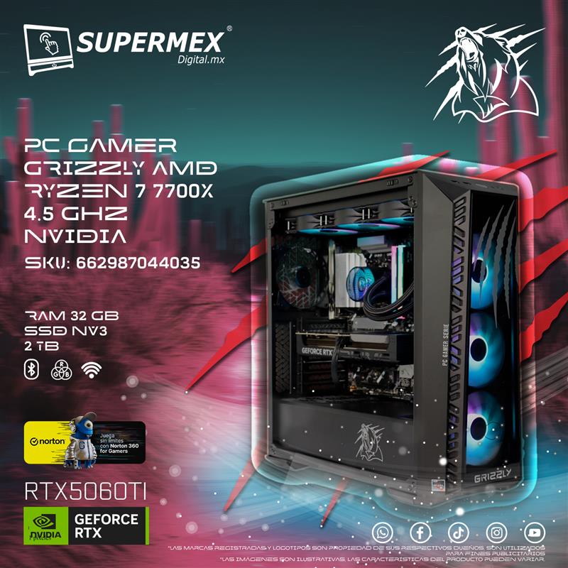 Foto 7 pulgar | Pc Gamer Grizzly Amd Ryzen 7 7700x 4.5 Ghz Nvidia Rtx5060ti Ram 32 Gb Ssd Nv3 2 Tb Wifi Bt Pg-amd066