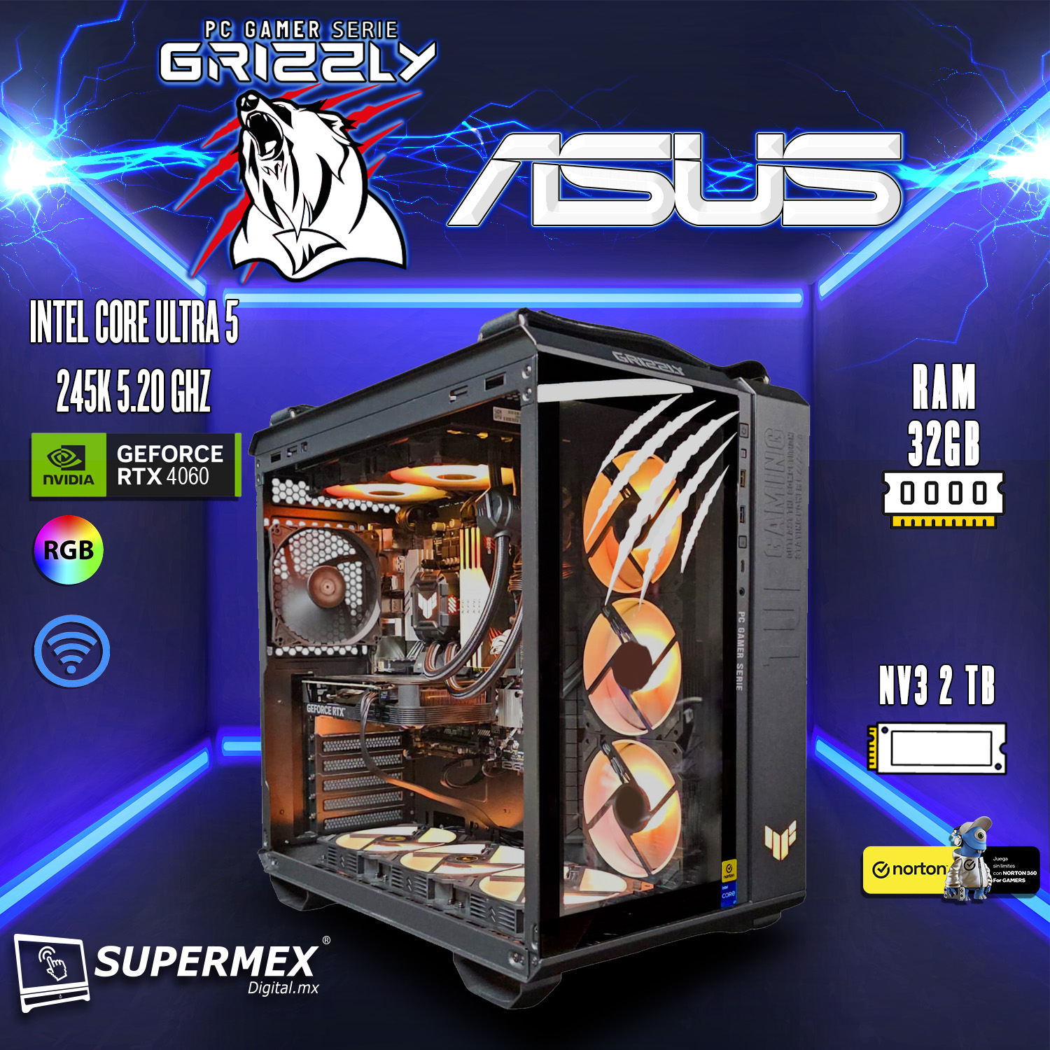 Foto 7 pulgar | Pc Gamer Grizzly Asus Edition Intel Core I7 12700f 4.9ghz  Rtx4060 32gb Nvme 1tb Wifi Bt Pg-intel078